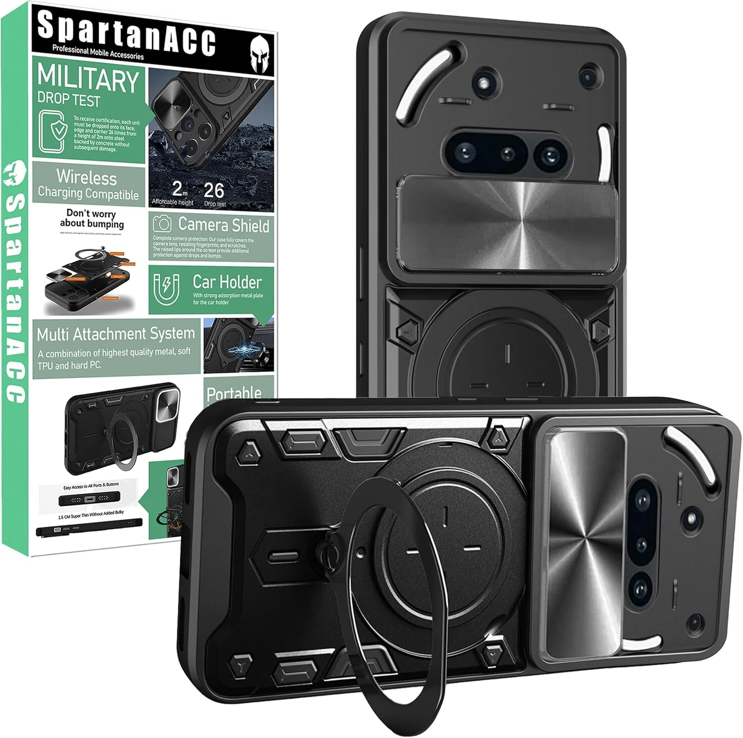 قاب گوشی ناتینگ فون 3A با بند سیلیکونی و فلاش تماس، محافظ صفحه نمایش Phone3A، محافظت در برابر سقوط نظامی، پایه فلزی، حلقه مغناطیسی (مشکی، 3A بدون شیشه)