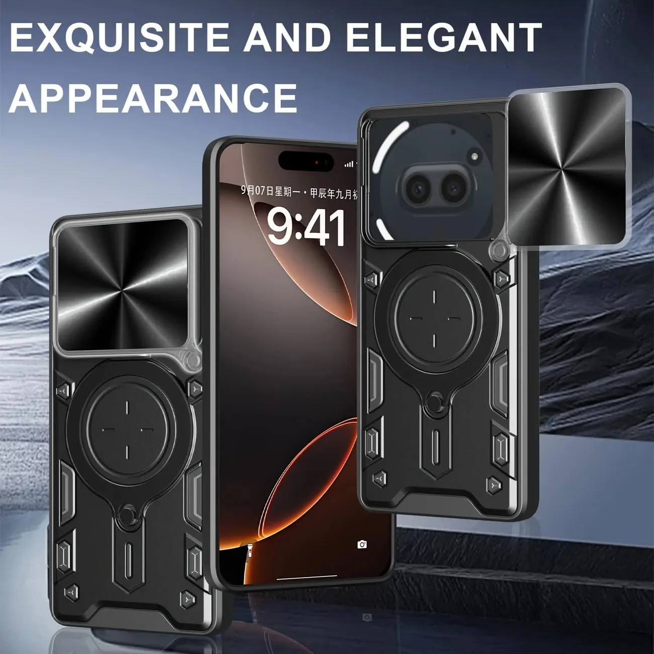 قاب گوشی ناتینگ فون 3A با بند سیلیکونی و فلاش تماس، محافظ صفحه نمایش Phone3A، محافظت در برابر سقوط نظامی، پایه فلزی، حلقه مغناطیسی (مشکی، 3A بدون شیشه)