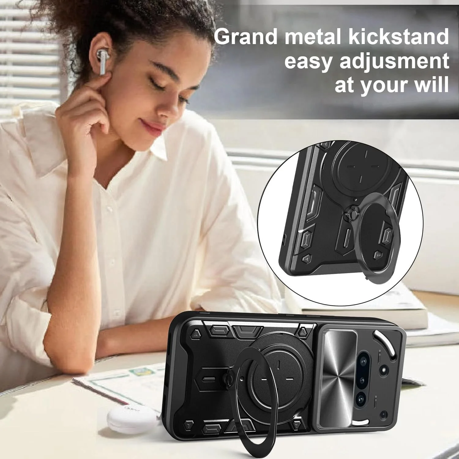 قاب گوشی ناتینگ فون 3A با بند سیلیکونی و فلاش تماس، محافظ صفحه نمایش Phone3A، محافظت در برابر سقوط نظامی، پایه فلزی، حلقه مغناطیسی (مشکی، 3A بدون شیشه)