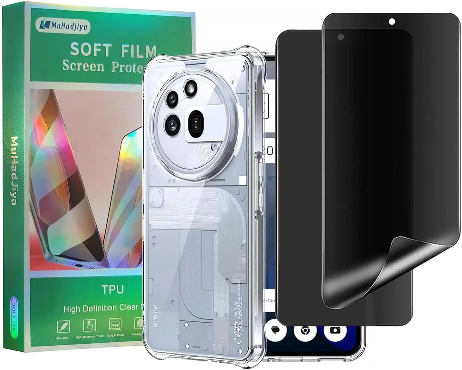 محافظ صفحه نمایش حریم خصوصی نرم MuHadJiya برای Nothing Phone 3A Pro [بسته 2+1] به همراه قاب گوشی TPU شفاف (برای Nothing Phone 3A Pro)