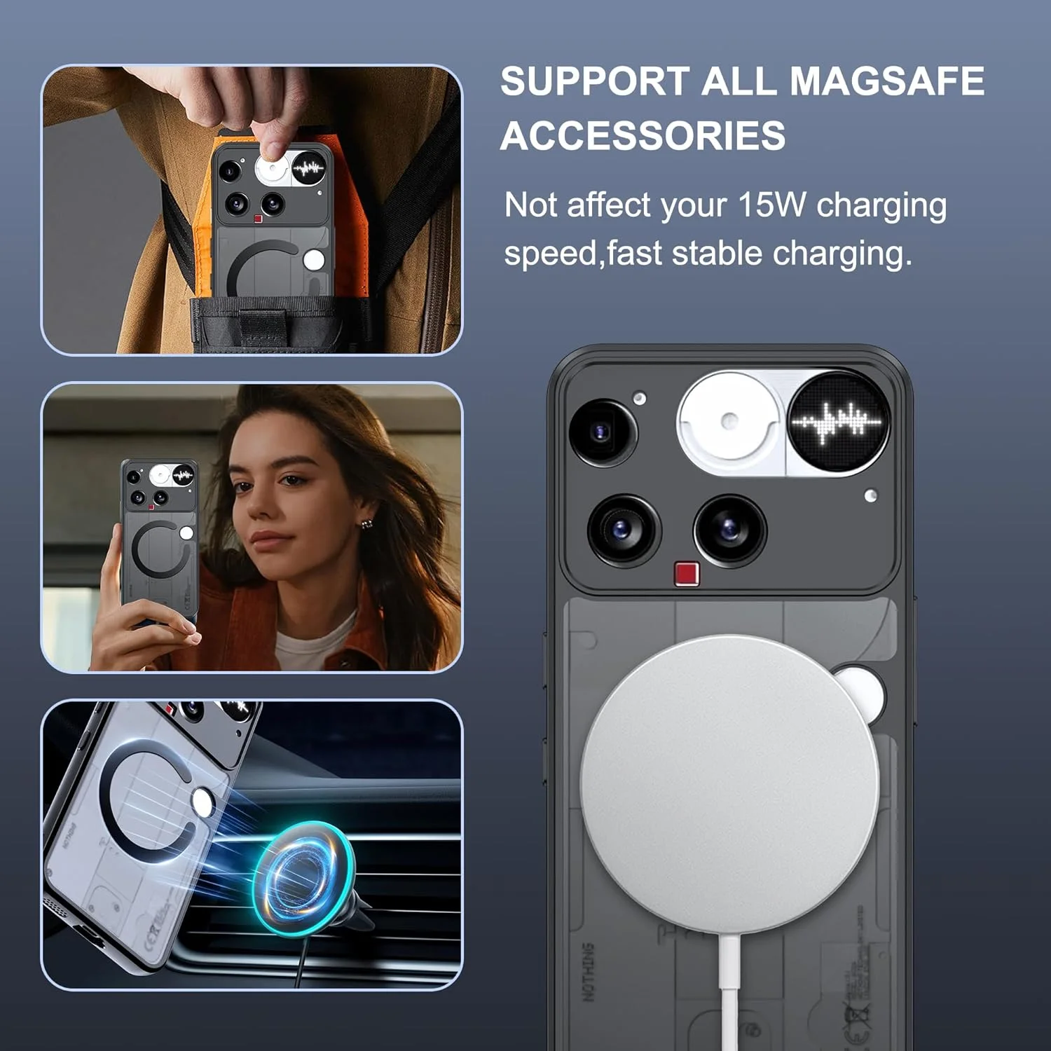 قاب مغناطیسی Effcotuo برای Nothing Phone 3، قاب سیلیکونی نرم ضد افتادن + قاب اکریلیک مات، پوشش پشتی مات نیمه شفاف باریک و مقاوم در برابر ضربه - مشکی