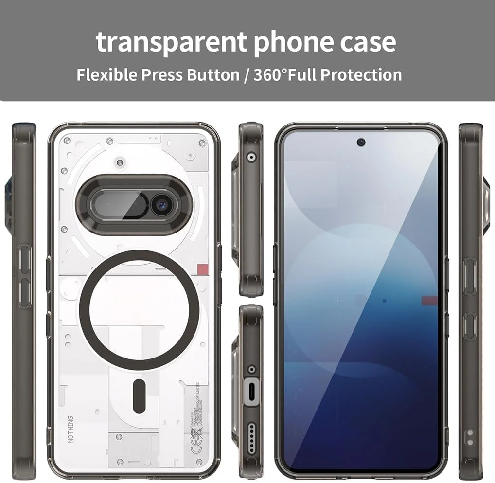 کاور محافظ گوشی ناتینگ فون (3a) با آهنربای MagSafe، بسیار نازک، PC سخت شفاف، بامپر TPU سیلیکونی نرم، ضد ضربه و ضد خش، مشکی