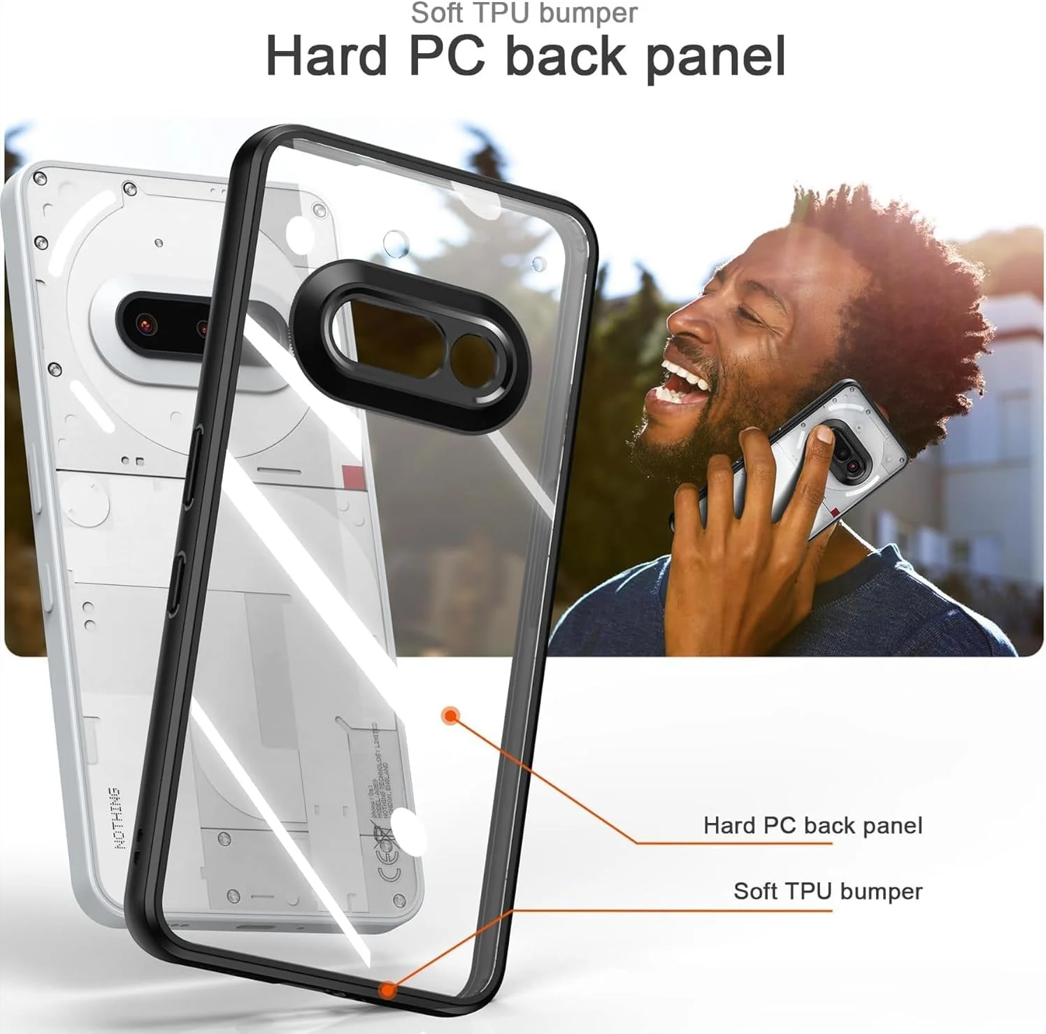 قاب محافظ گوشی ناتینگ فون (3a)، بامپر TPU + پوشش پشتی سخت PC، محافظت ضد ضربه، ضد زردی، باریک و مقاوم (مشکی شفاف)