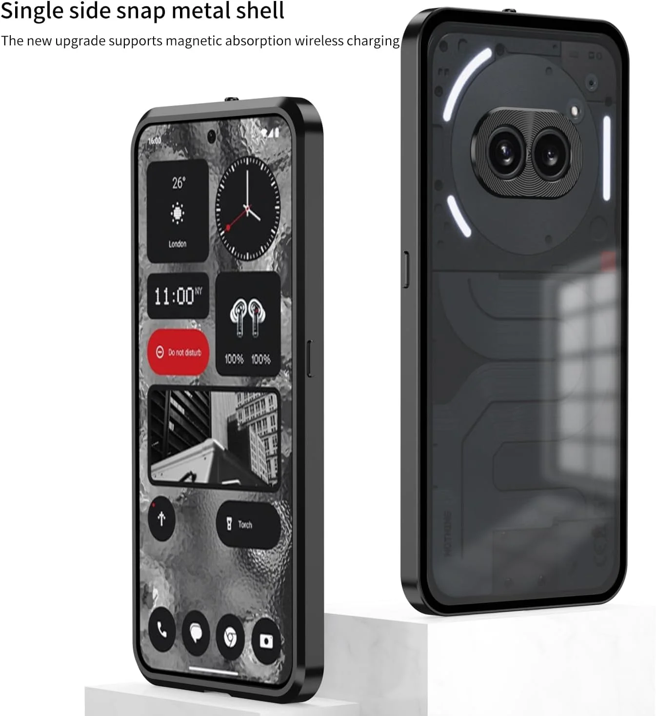 کاور شفاف سازگار با ناتینگ فون 2A مدل 2024، فریم فلزی آلیاژ آلومینیوم + پوشش پشتی شیشه ای تمپر شده، محافظ لنز دوربین برای ناتینگ فون 2A (مشکی)