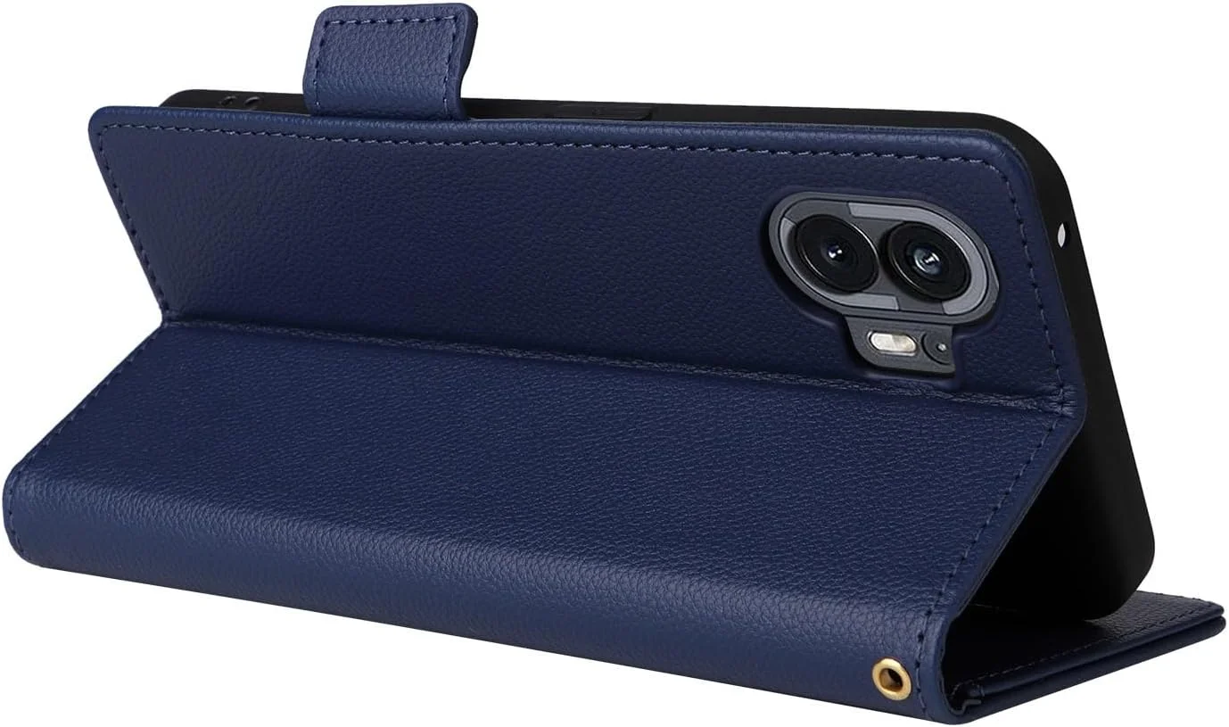 کیف پول چرمی OIATROE با قابلیت استند برای تلفن ناتینگ (2) - دارای قفل مغناطیسی و طراحی بسیار باریک - آبی