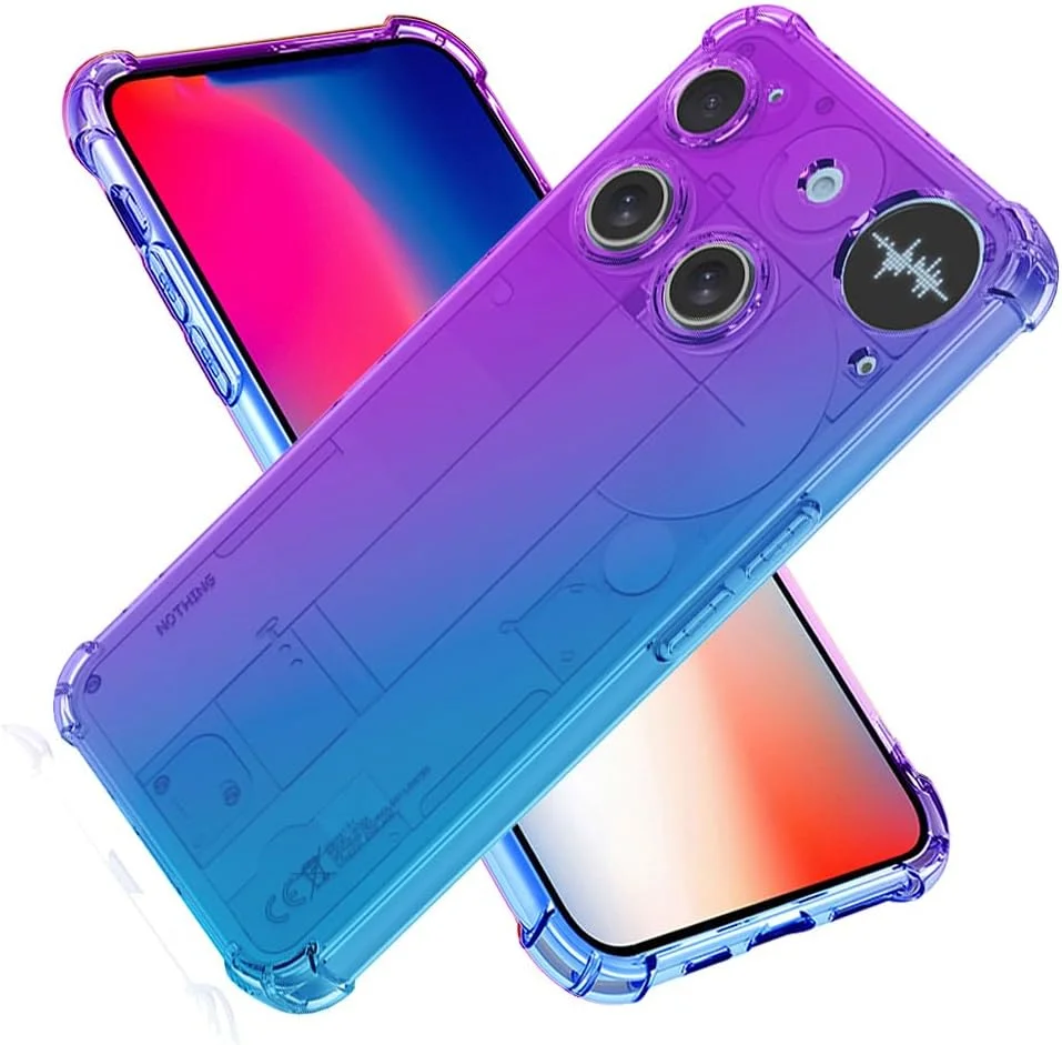 کاور گوشی ناتینگ فون (3) برند SEAHAI، رنگ градиент، فوق العاده باریک، کریستالی، شفاف، پشت روشن، بامپر سیلیکونی TPU نرم و ضد ضربه، بنفش/آبی