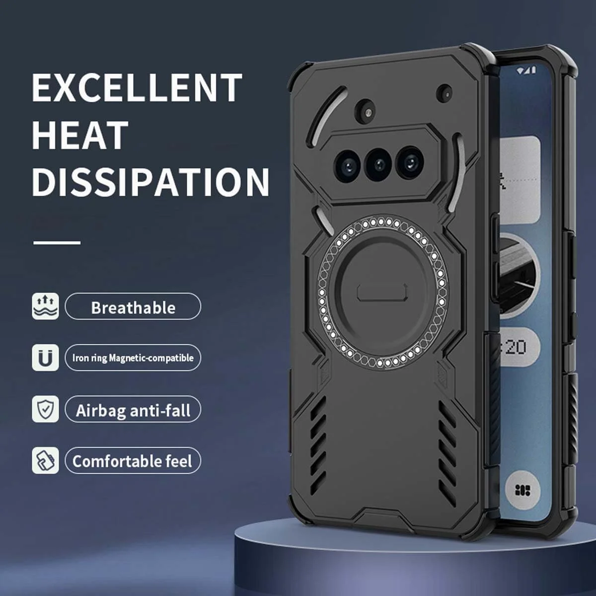 کاور سیلیکونی انعطاف پذیر PEIYE با حلقه مغناطیسی و ضربه گیر TPU برای گوشی Nothing Phone 3a - محافظت در برابر سقوط با استاندارد نظامی - مشکی