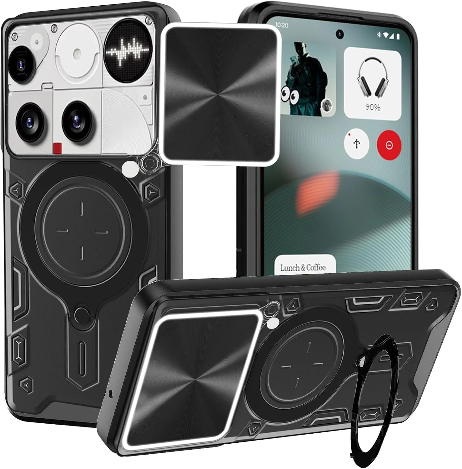 کاور محافظ گوشی KZIOACSH مناسب برای ناتینگ فون 3، محافظ دوربین PC+TPU بادوام با درجه نظامی، ضد خش، دارای پایه نگهدارنده فلزی تقویت شده برای اتصال به هولدر مغناطیسی خودرو، مشکی