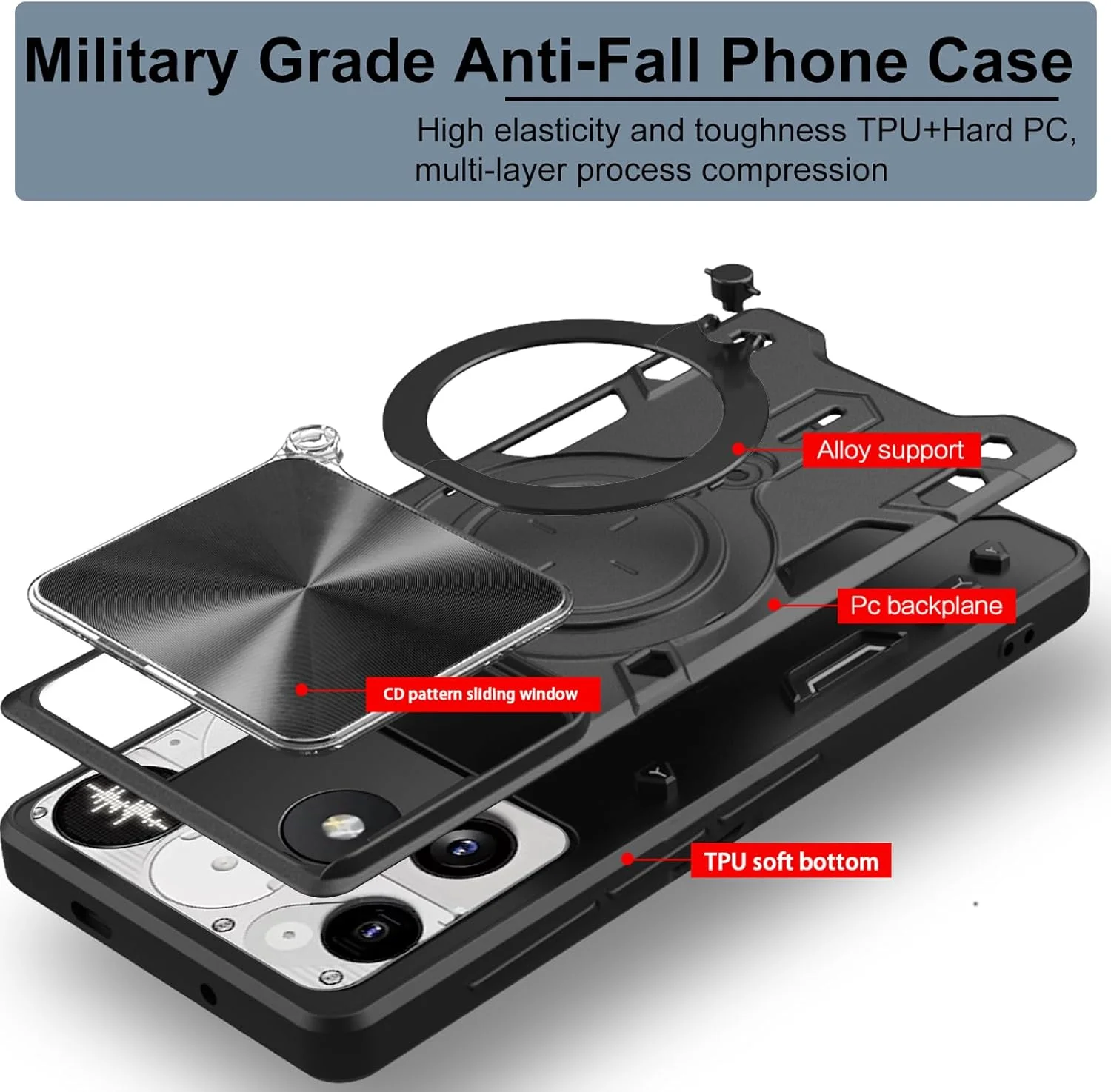 کاور محافظ گوشی KZIOACSH مناسب برای ناتینگ فون 3، محافظ دوربین PC+TPU بادوام با درجه نظامی، ضد خش، دارای پایه نگهدارنده فلزی تقویت شده برای اتصال به هولدر مغناطیسی خودرو، مشکی
