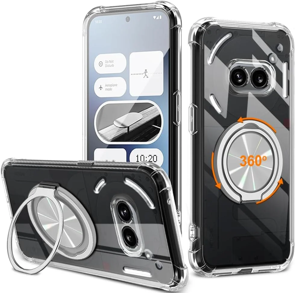 قاب محافظ گوشی ناتینگ فون 2A/2A پلاس، دارای حلقه نگهدارنده چرخان 360 درجه و پایه استند [ضد زردی]، پوشش محافظ شفاف ضد ضربه با درجه نظامی برای ناتینگ فون 2A/2A پلاس - کریستالی شفاف