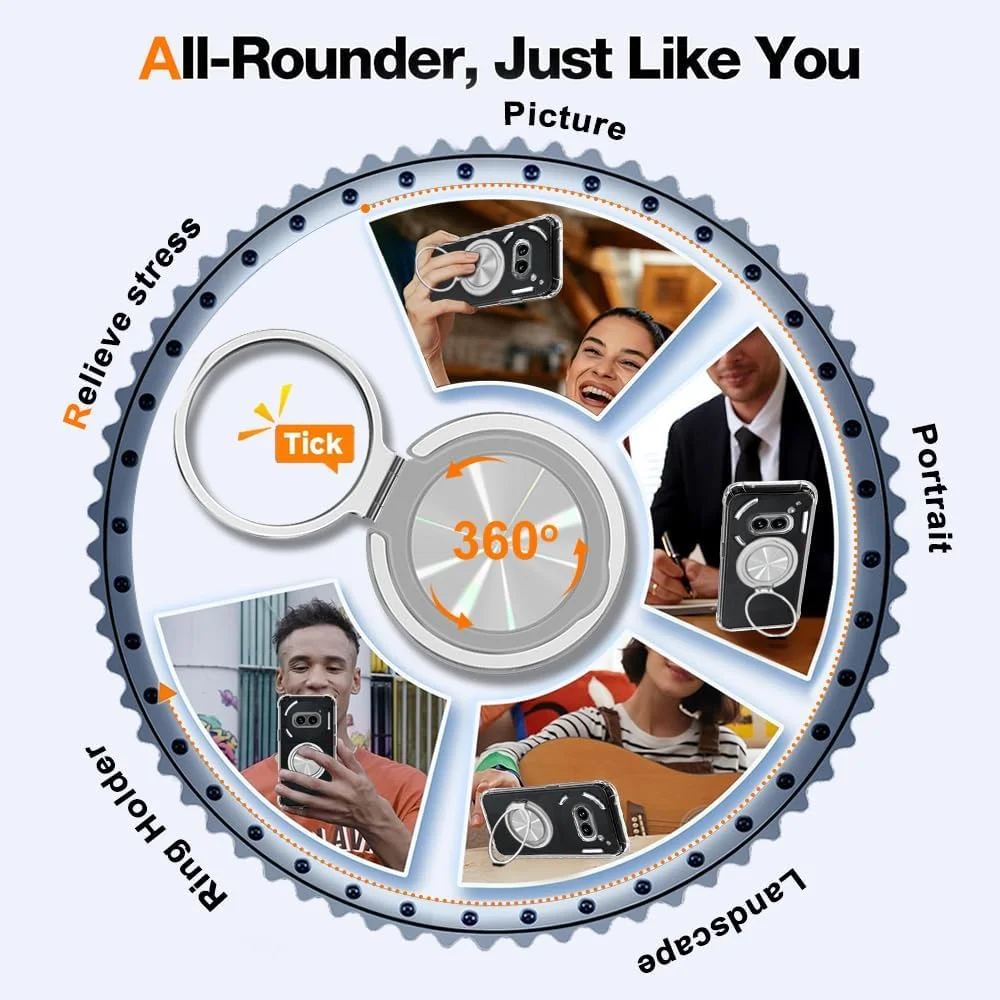 قاب محافظ گوشی ناتینگ فون 2A/2A پلاس، دارای حلقه نگهدارنده چرخان 360 درجه و پایه استند [ضد زردی]، پوشش محافظ شفاف ضد ضربه با درجه نظامی برای ناتینگ فون 2A/2A پلاس - کریستالی شفاف