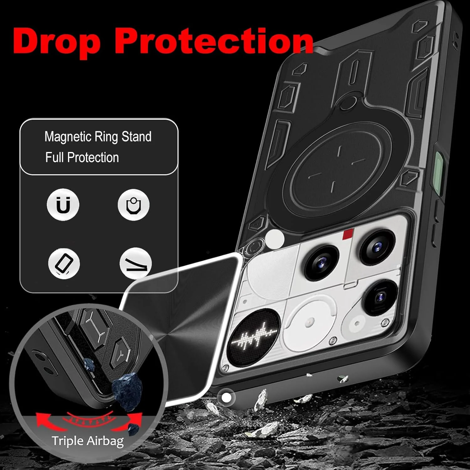 کاور محافظ گوشی KZIOACSH مناسب برای ناتینگ فون 3، محافظ دوربین PC+TPU بادوام با درجه نظامی، ضد خش، دارای پایه نگهدارنده فلزی تقویت شده برای اتصال به هولدر مغناطیسی خودرو، مشکی