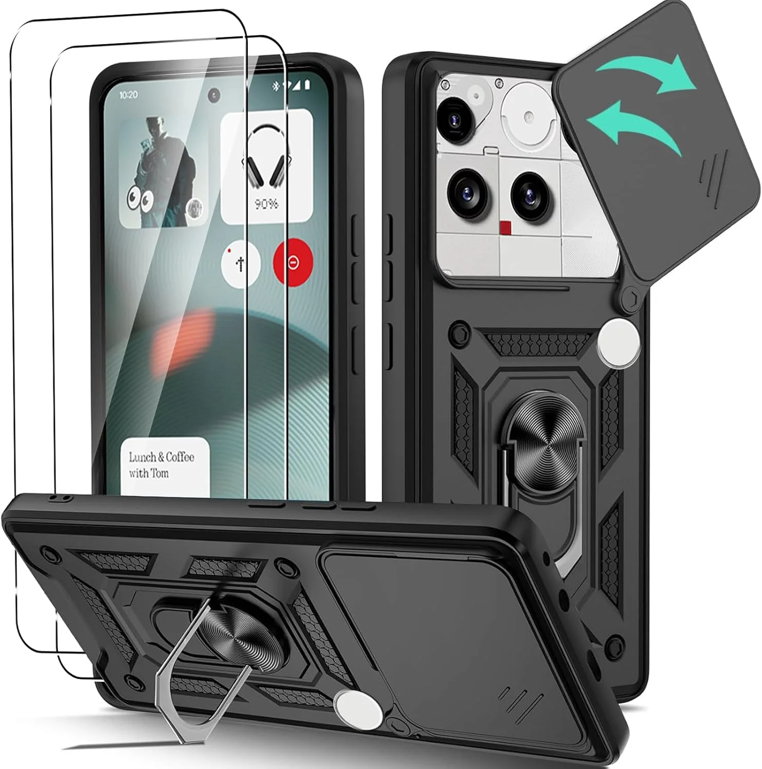 قاب محافظ گوشی ناتینگ فون 3 به همراه 2 محافظ صفحه نمایش شیشه ای، دارای پایه چرخشی 360 درجه و پوشش کشویی دوربین، مقاوم در برابر ضربه، ترکیبی از TPU نرم و PC سخت، ضد خش، مشکی