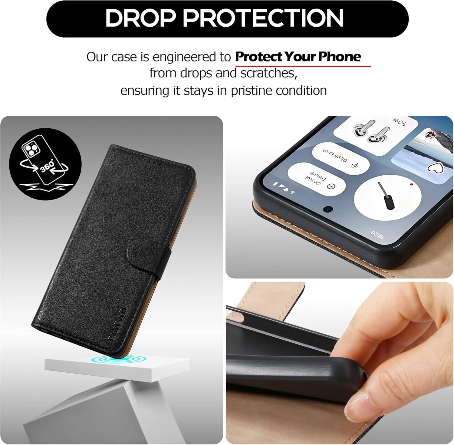 کاور چرمی کیف پول دار PIXFAB برای ناتینگ فون 3A Pro، کاور محافظ مغناطیسی کتابی [محافظت RFID و جای کارت] و کاور پایه دار برای ناتینگ فون 3A Pro - مشکی