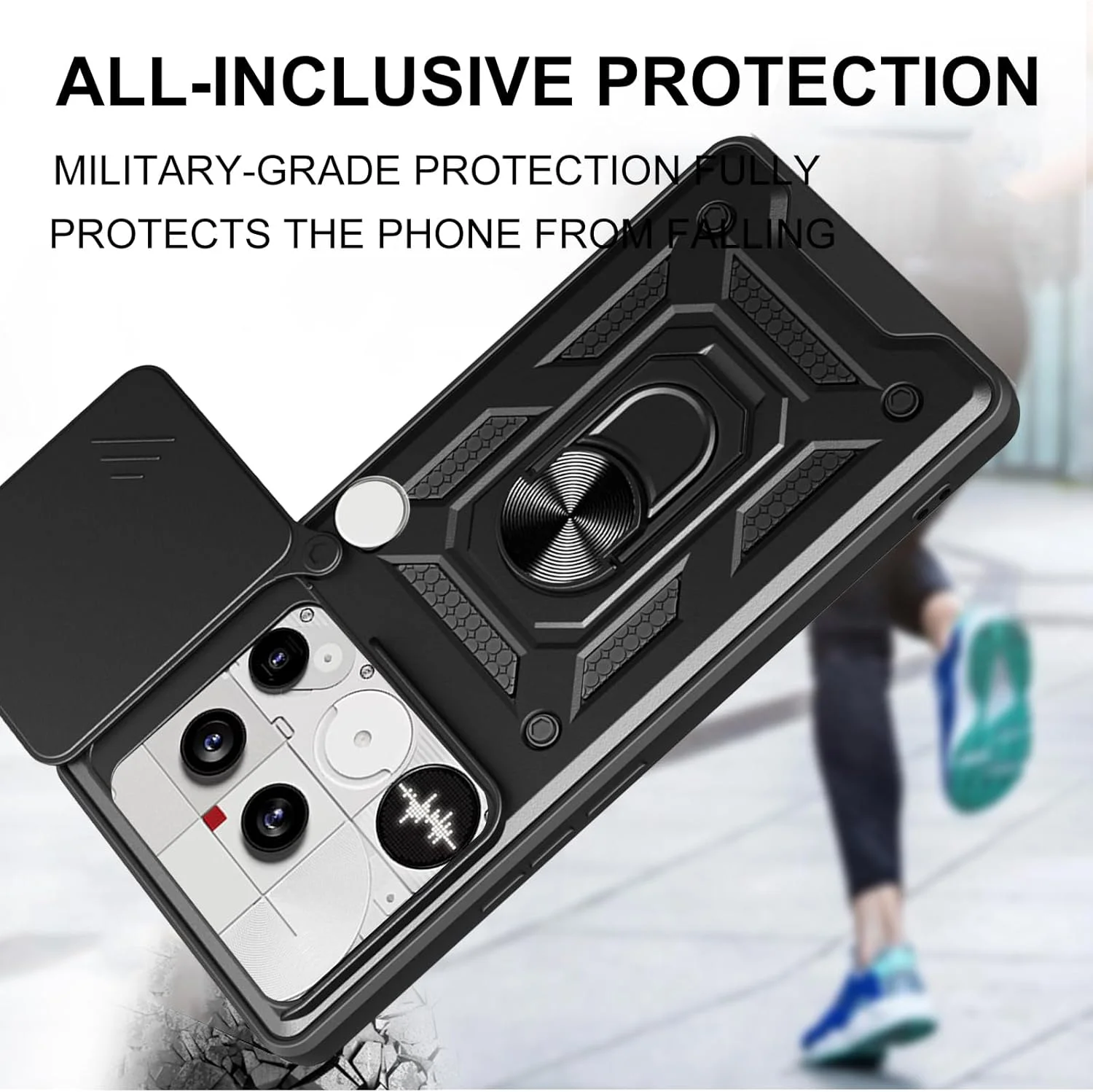 قاب محافظ گوشی ناتینگ فون 3 به همراه 2 محافظ صفحه نمایش شیشه ای، دارای پایه چرخشی 360 درجه و پوشش کشویی دوربین، مقاوم در برابر ضربه، ترکیبی از TPU نرم و PC سخت، ضد خش، مشکی