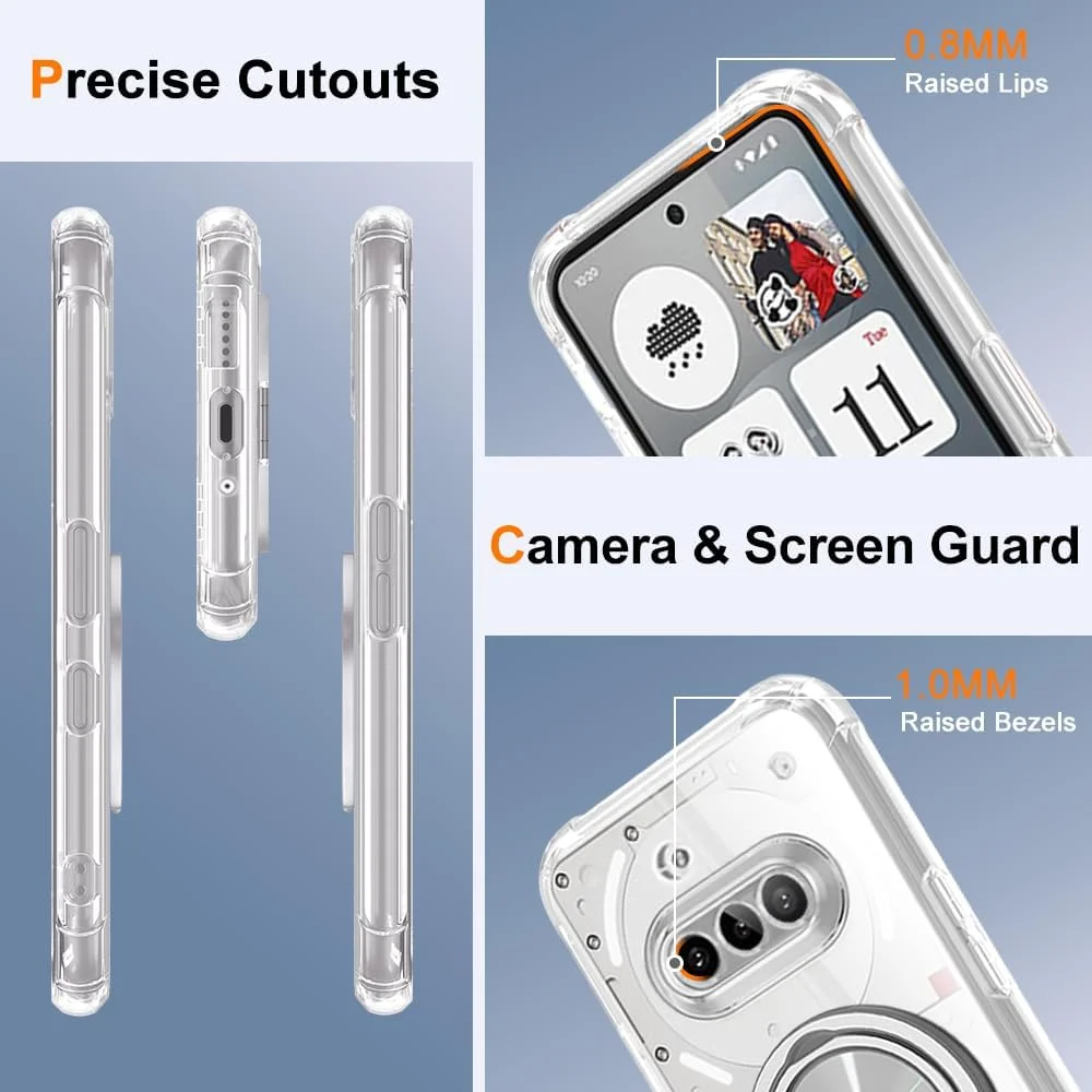 قاب گوشی برای ناتینگ فون 3A، دارای حلقه نگهدارنده چرخان 360 درجه و پایه استند، شفاف و مقاوم در برابر زرد شدن، با 4 گوشه ضد ضربه و محافظتی در سطح نظامی برای ناتینگ فون 3A - کریستالی شفاف