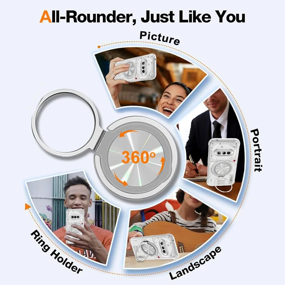 قاب گوشی برای ناتینگ فون 3A، دارای حلقه نگهدارنده چرخان 360 درجه و پایه استند، شفاف و مقاوم در برابر زرد شدن، با 4 گوشه ضد ضربه و محافظتی در سطح نظامی برای ناتینگ فون 3A - کریستالی شفاف