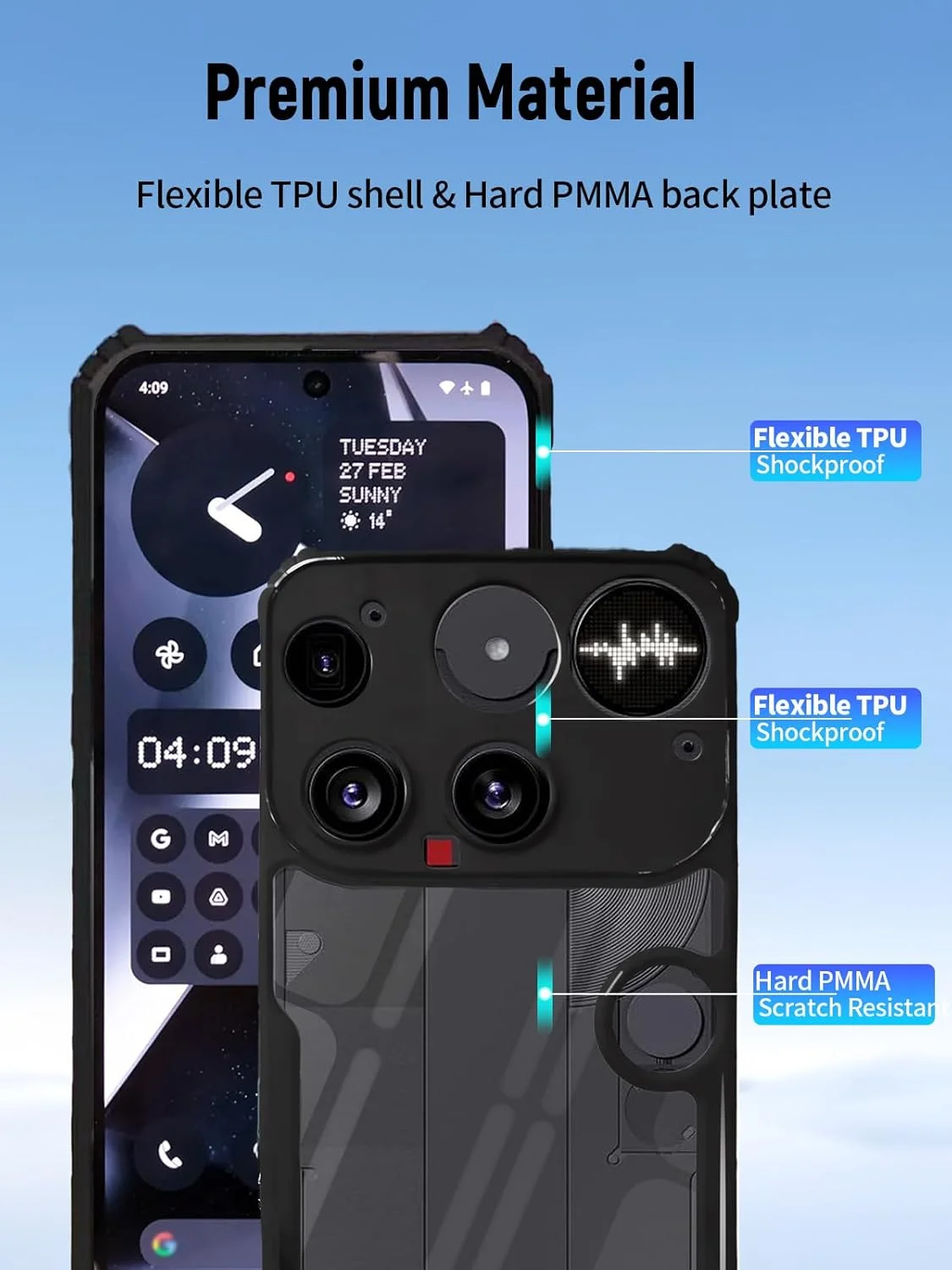 کاور محافظ گوشی موبایل FJIASTB مناسب برای ناتینگ فون (3) مدل 2025، TPU انعطاف پذیر + پوشش محافظ PMMA سخت، ضد ضربه، مقاوم در برابر خراش (مشکی)