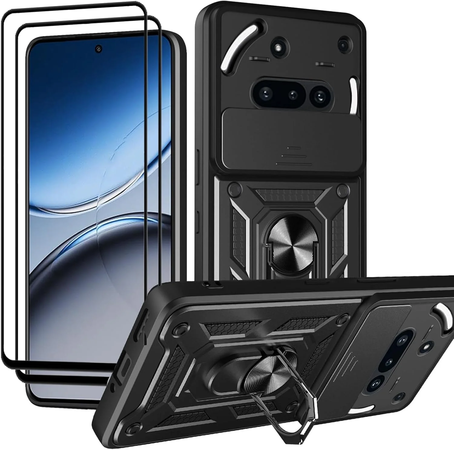 قاب محافظ گوشی ناتینگ فون 3a 5G مدل CNPUTAO با پوشش کشویی دوربین، استند و حلقه نگهدارنده به همراه محافظ صفحه نمایش شیشه ای حرارت دیده [2 عدد]، محافظ ضد ضربه درجه نظامی، مشکی