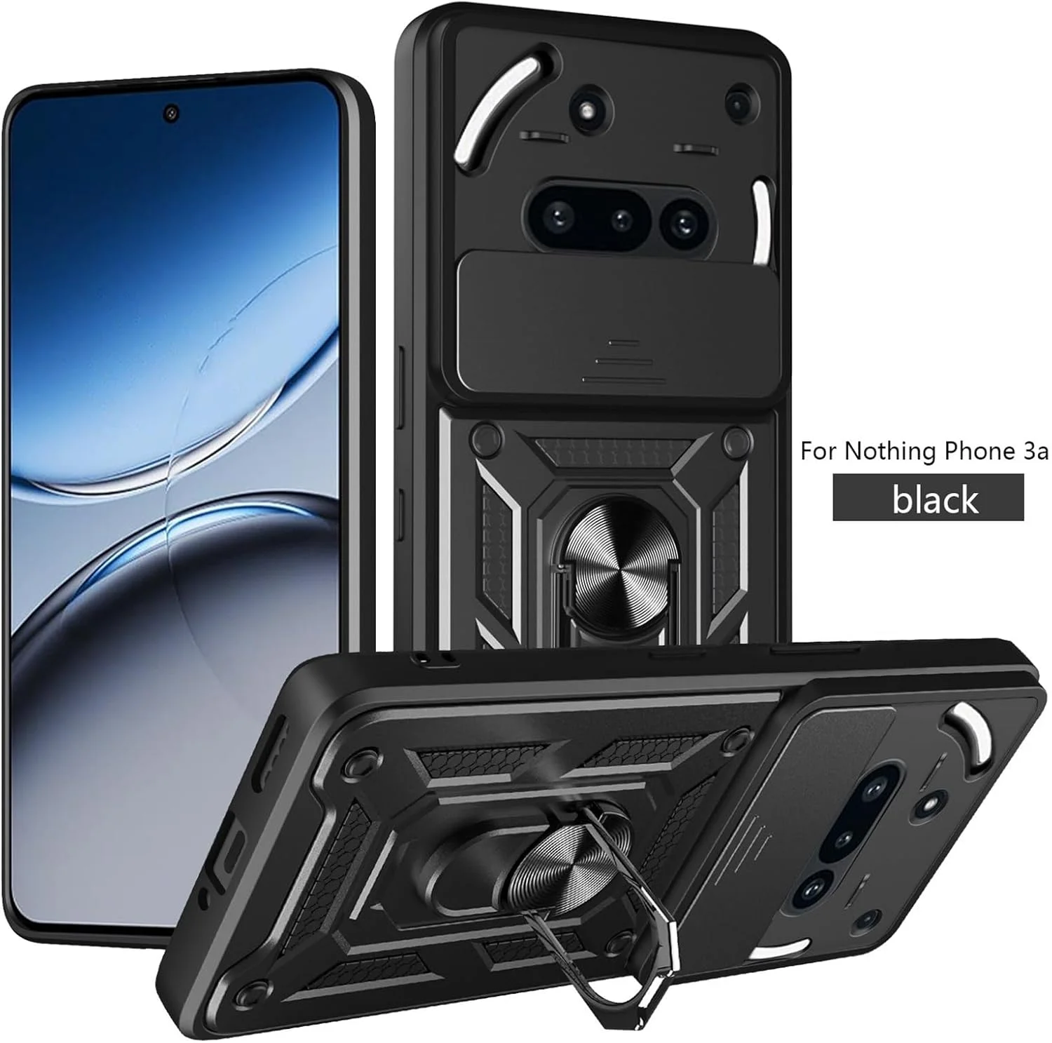 قاب محافظ گوشی ناتینگ فون 3a 5G مدل CNPUTAO با پوشش کشویی دوربین، استند و حلقه نگهدارنده به همراه محافظ صفحه نمایش شیشه ای حرارت دیده [2 عدد]، محافظ ضد ضربه درجه نظامی، مشکی