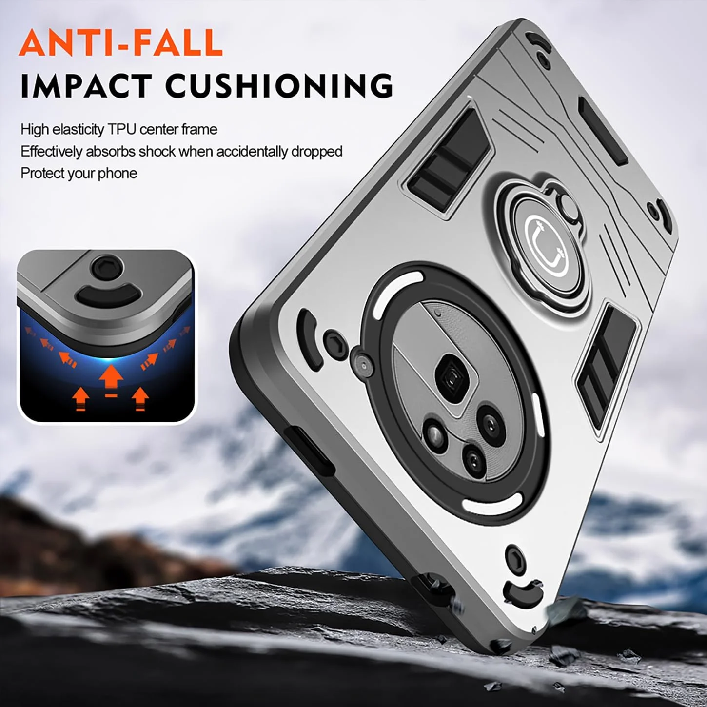 قاب محافظ ایلینگ برای ناتینگ فون (3a) پرو، قاب زرهی PC سخت و فوق العاده نازک و ضد ضربه، پوشش سپر TPU سیلیکونی با حلقه نگهدارنده و پوشش کشویی دوربین (نقره ای)