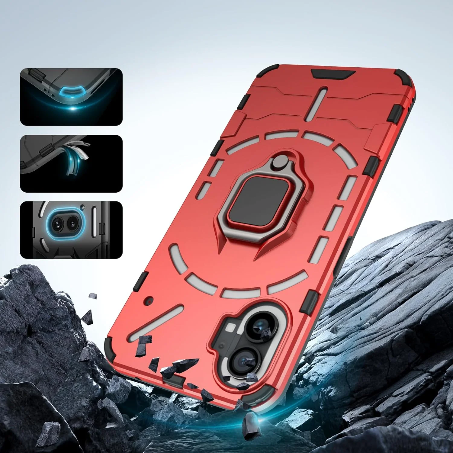 قاب محافظ گوشی ناتینگ فون 1، کاور ضد ضربه با پایه حلقه فلزی 360 درجه، قاب محافظ سخت ضد خش، قاب محافظ کامل بدنه با محافظ دوربین (قرمز)