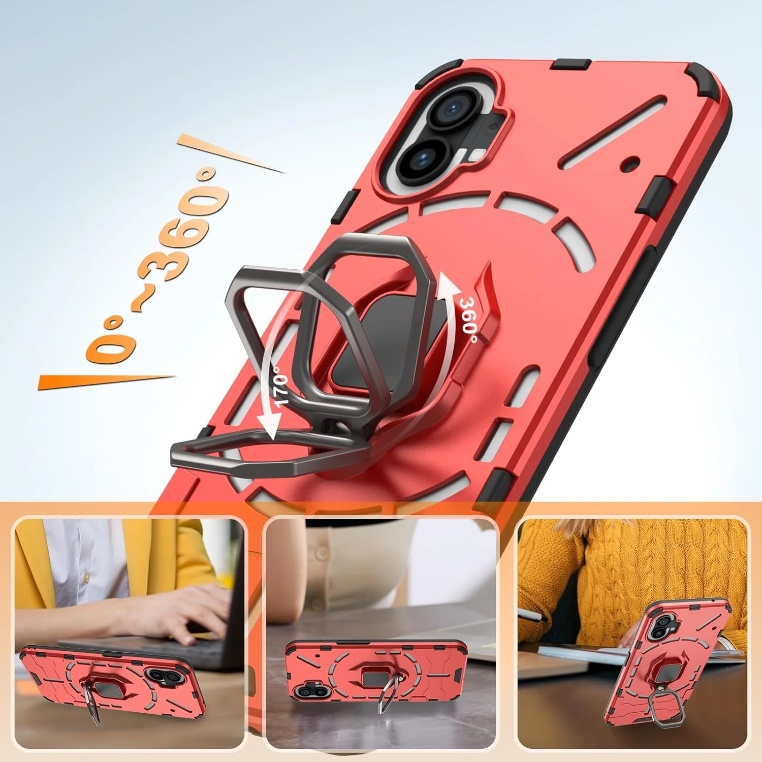 قاب محافظ گوشی ناتینگ فون 1، کاور ضد ضربه با پایه حلقه فلزی 360 درجه، قاب محافظ سخت ضد خش، قاب محافظ کامل بدنه با محافظ دوربین (قرمز)