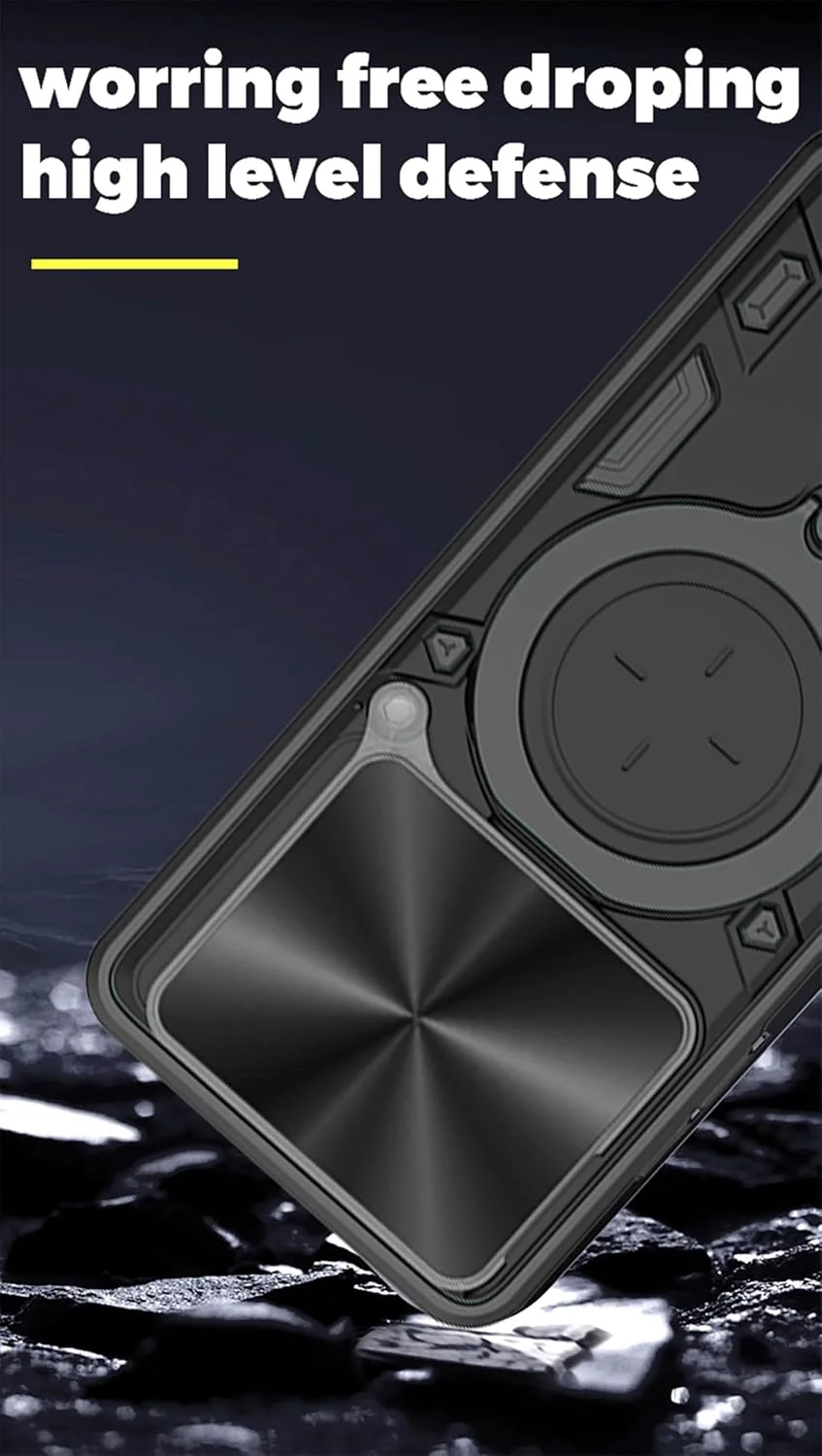 کاور محافظ گوشی ناتینگ فون (3)، بافت فلزی، قاب سخت PC مات، بامپر سیلیکونی TPU ضد ضربه با حلقه نگهدارنده و پوشش کشویی دوربین (مشکی)