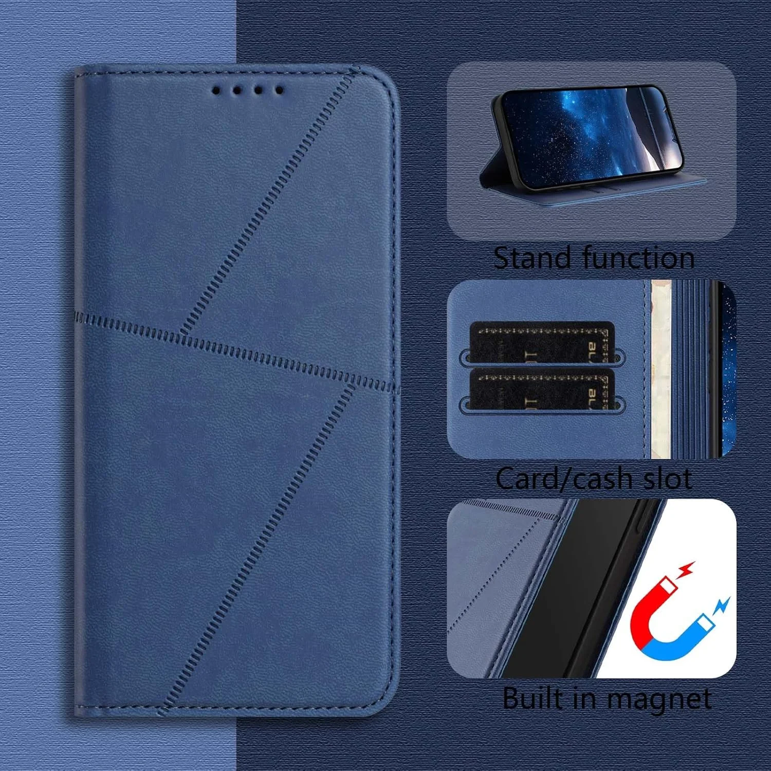 کیف چرمی ممتاز Haoye برای Nothing Phone (3) - دارای بست مغناطیسی با جای کارت، ضربه گیر ضد اثر انگشت و پایه نگهدارنده - آبی تیره