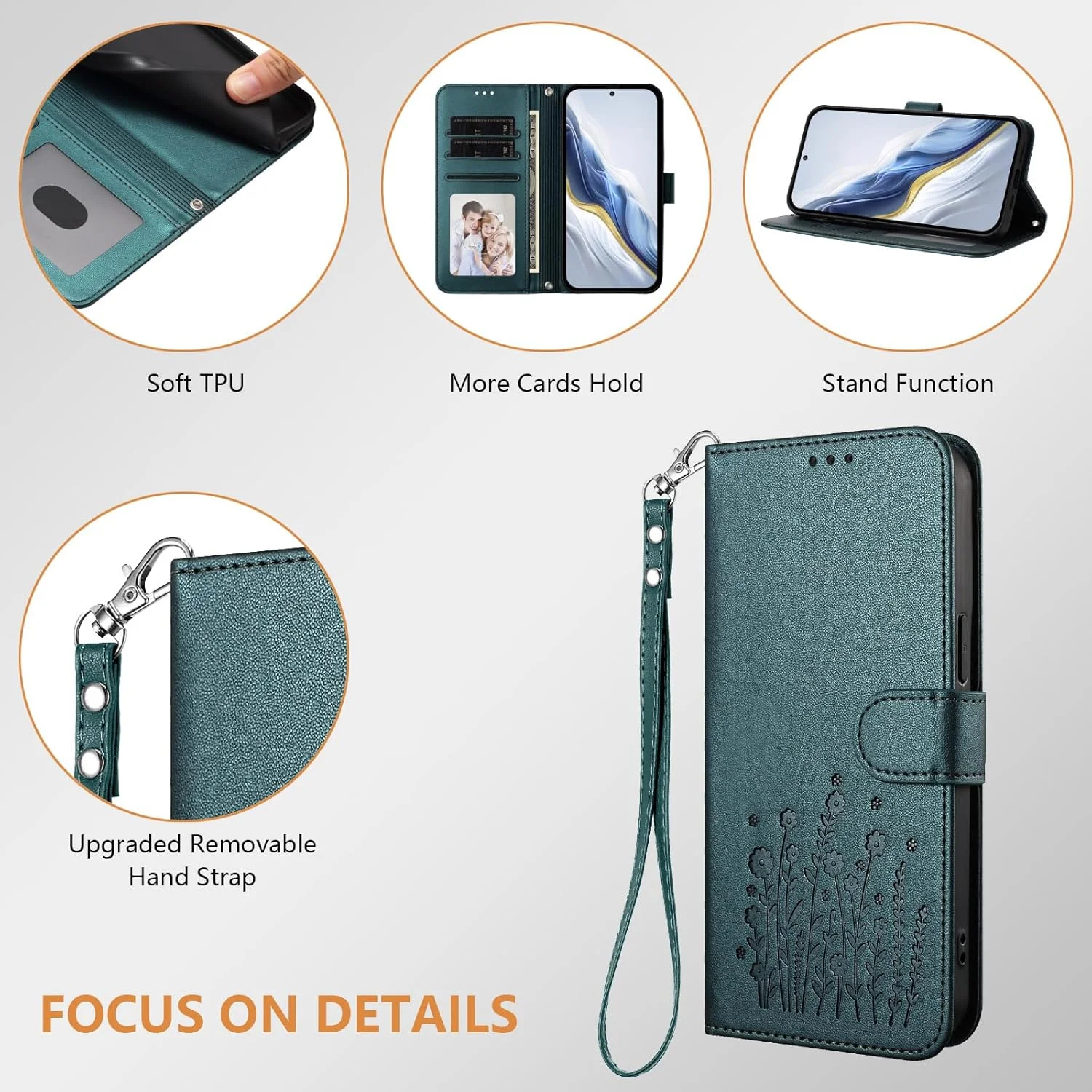 کیف چرمی طرح گل HAOYE برای Nothing Phone (2a) / Nothing Phone 2a، کاور کیف پول چند جیبی با سگک مغناطیسی، پایه تاشو و ضربه گیر TPU - مشکی