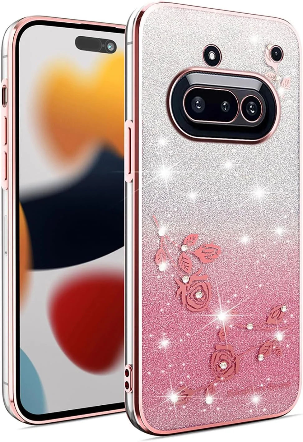 قاب گوشی زنانه ایلینگ مناسب برای ناتینگ فون (3a)، قاب رنگارنگ براق با طرح گل رز زیبا و نگین های درخشان، کاور بسیار نازک و نرم سیلیکونی TPU ضد ضربه (صورتی)