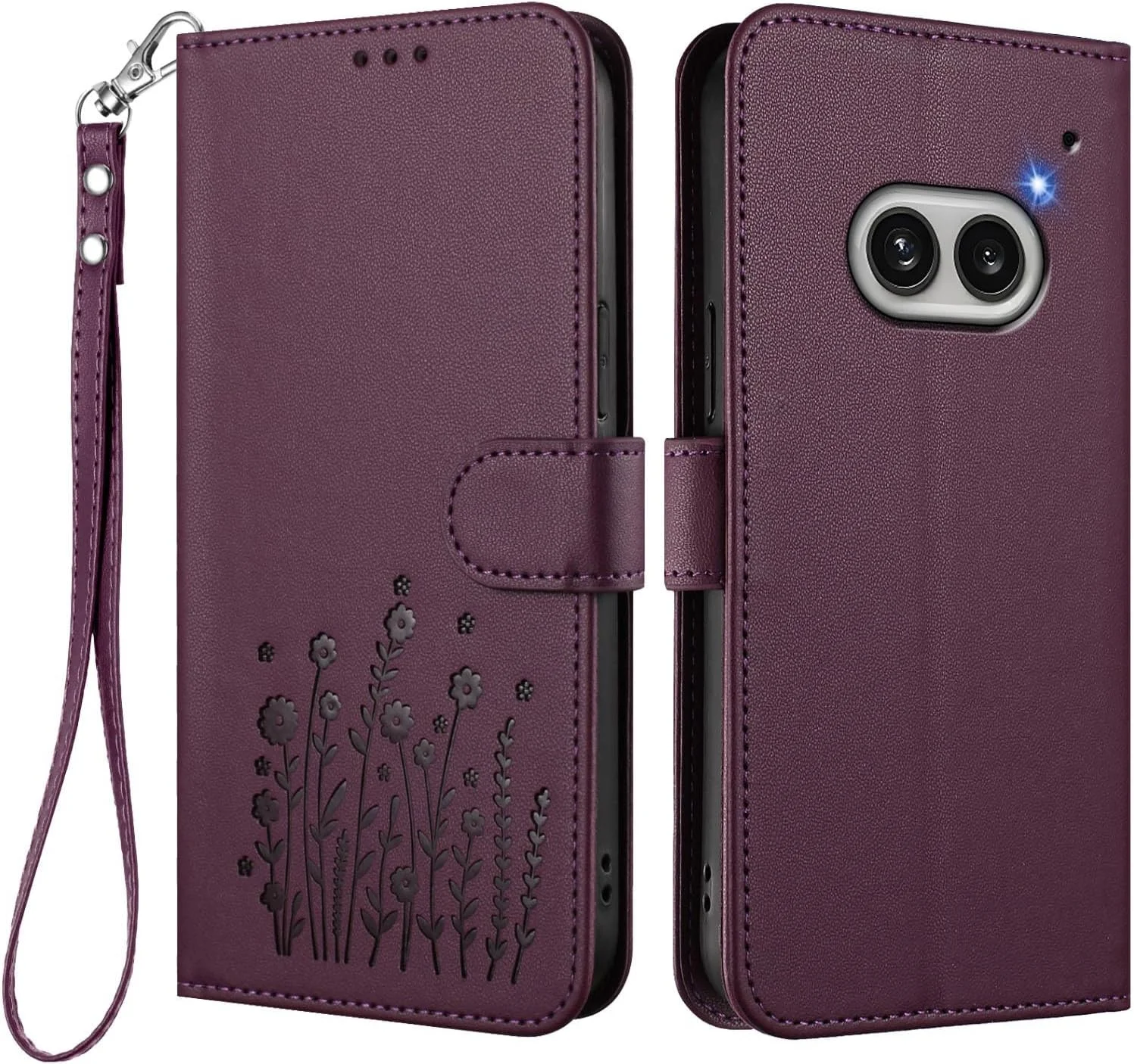 کیف چرمی طرح گل HAOYE برای Nothing Phone (2A) / Nothing Phone 2a، کاور کیف پول چند جیبی با قفل مغناطیسی، پایه تاشو و ضربه گیر TPU – بنفش تیره