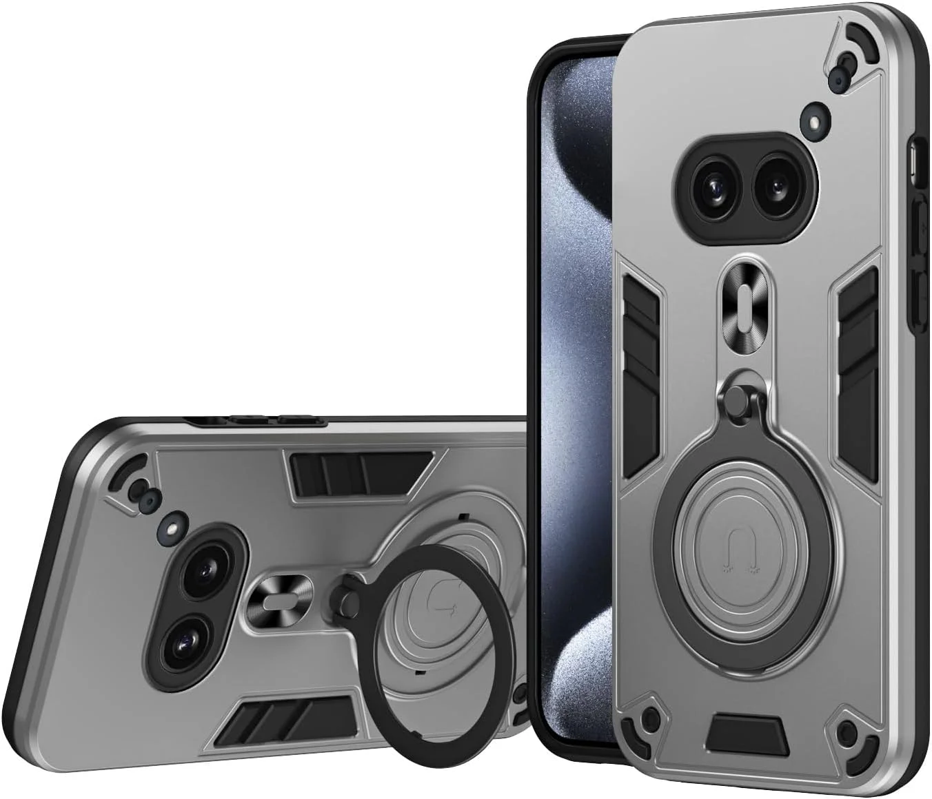 کاور محافظ گوشی ناتینگ فون (2a) مدل Gruattreay به همراه استند مغناطیسی، محافظ صفحه نمایش و دوربین، ضد ضربه و مقاوم در برابر سقوط - نقره ای