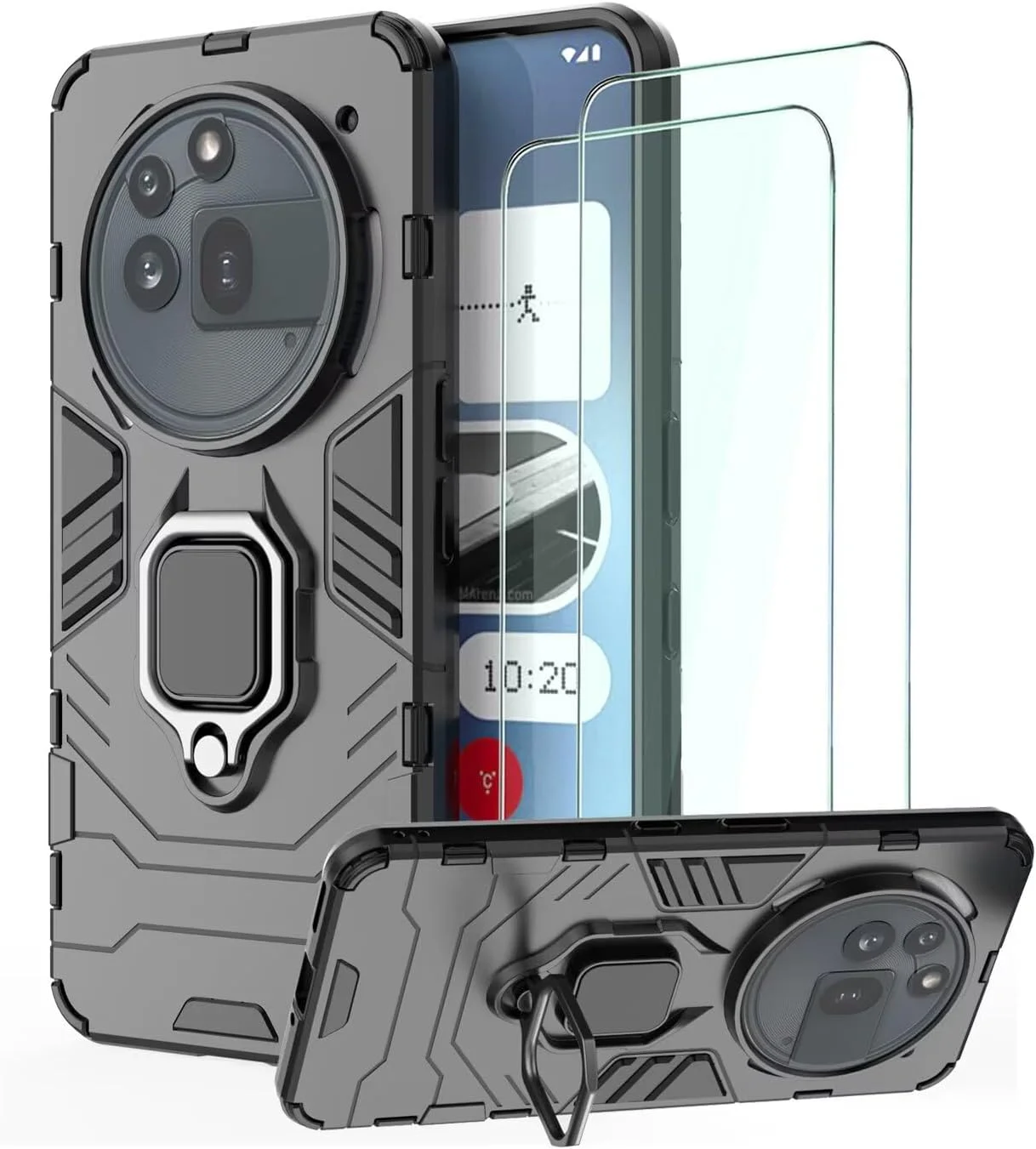 قاب محافظ DERHAN برای Nothing Phone 3a Pro، قاب ضد ضربه با حلقه + 2 عدد محافظ صفحه نمایش شیشه ای حرارت دیده، پوشش محافظ ضد لرزش - مشکی