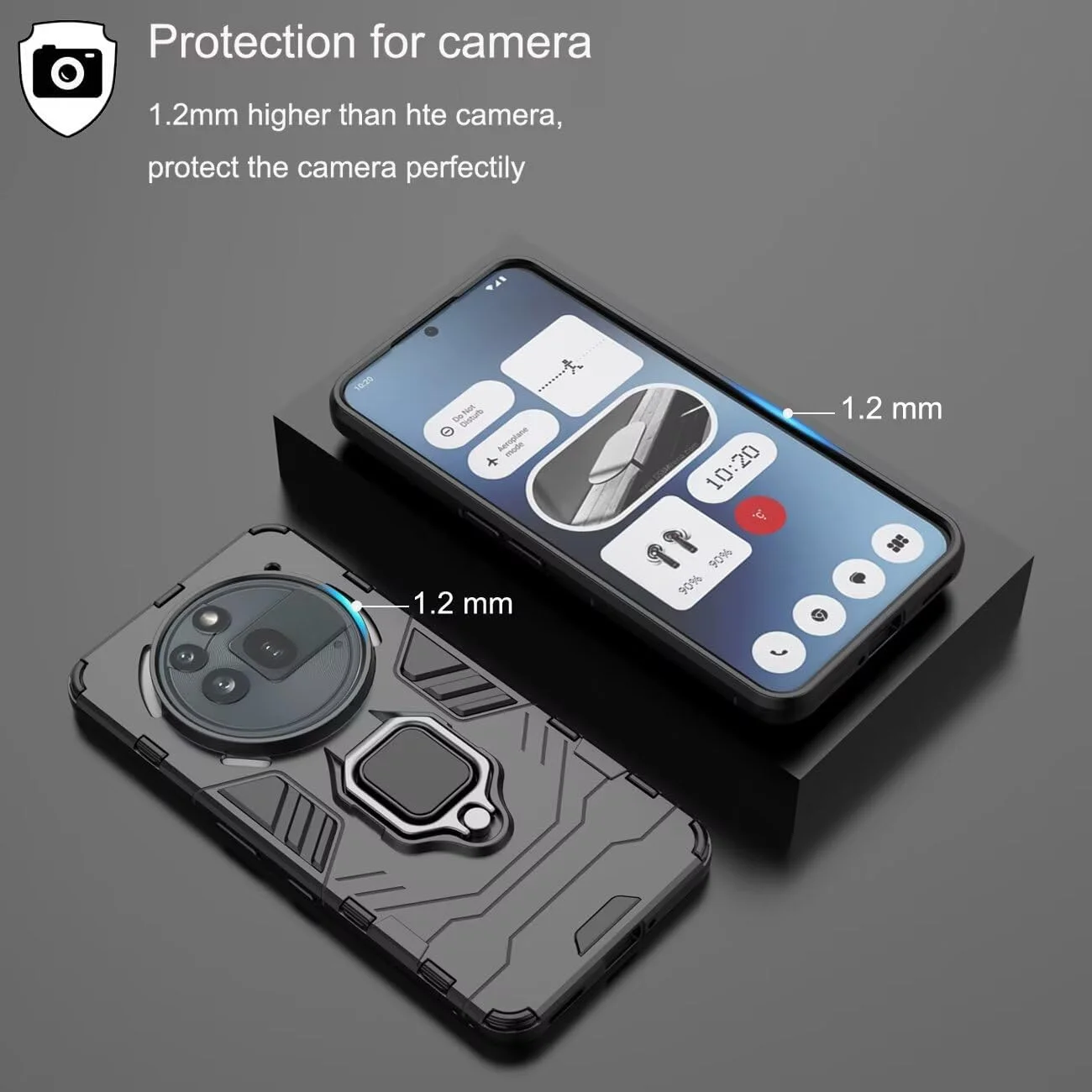 قاب محافظ DERHAN برای Nothing Phone 3a Pro، قاب ضد ضربه با حلقه + 2 عدد محافظ صفحه نمایش شیشه ای حرارت دیده، پوشش محافظ ضد لرزش - مشکی