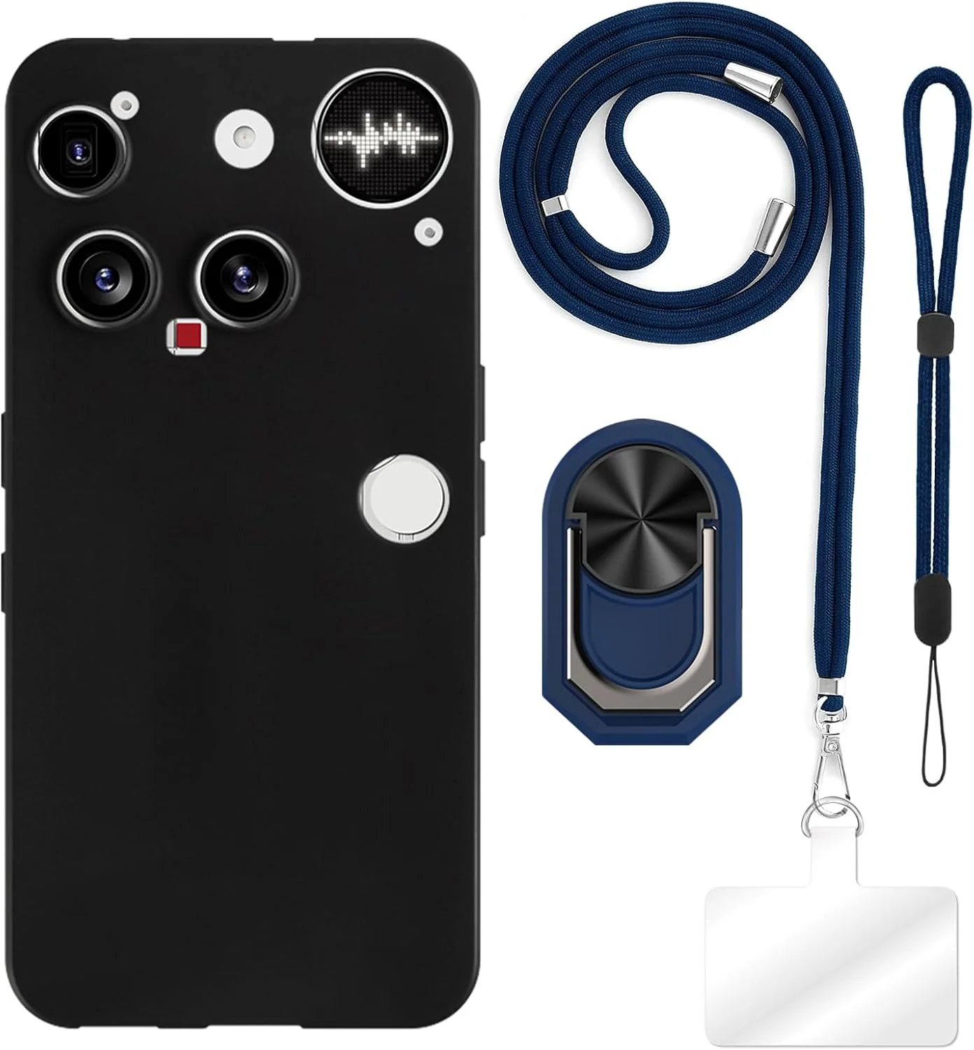 کاور محافظ [4 در 1] سازگار با Nothing Phone 3 4G به همراه بند گردنی، بند مچی و حلقه نگهدارنده، محافظ ضد ضربه، کیت مسافرتی ایمن (مشکی + مجموعه مشکی)