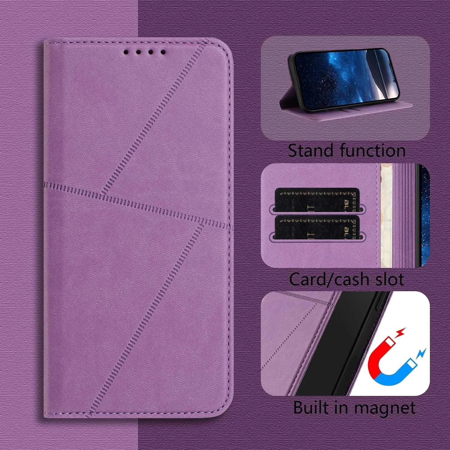 کیف چرمی پریمیوم HAOYE برای ناتینگ فون (3) با پوشش کیف پول - بدنه مغناطیسی، جای کارت و پایه برای محافظت کامل - بنفش