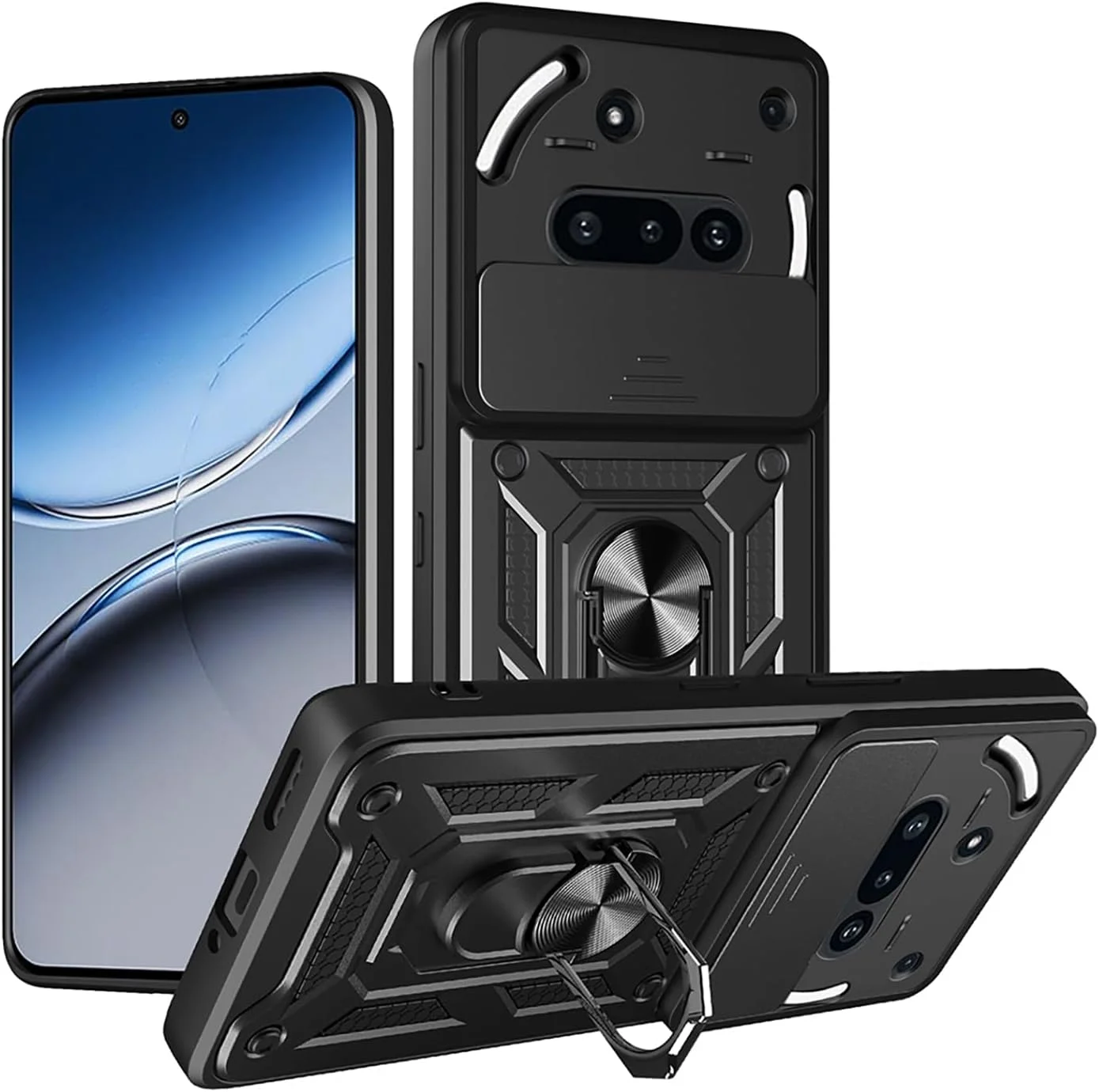 کاور محافظ گوشی ناتینگ فون (3A) ایلینگ، بافت مات بسیار نازک، ضد ضربه، بدنه سخت PC، کاور بامپر TPU سیلیکونی نرم با حلقه نگهدارنده و پوشش کشویی دوربین (مشکی)