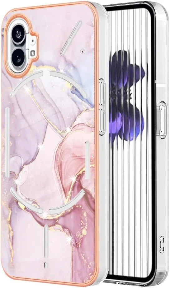 قاب گوشی با طرح سنگ مرمر برای ناتینگ فون 1، با سنگ مرمر صورتی برای دختران و بانوان، قاب محافظ تمام بدنه، پوشش نازک و نرم TPU سازگار با ناتینگ فون (1) - طلایی رزگلد YBD