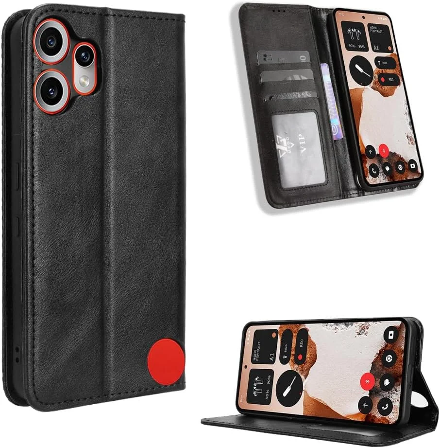 کاور چرمی مشکی سازگار با گوشی ناتینگ CMF Phone 2 Pro، دارای استند تاشو، جای کارت و قفل مغناطیسی