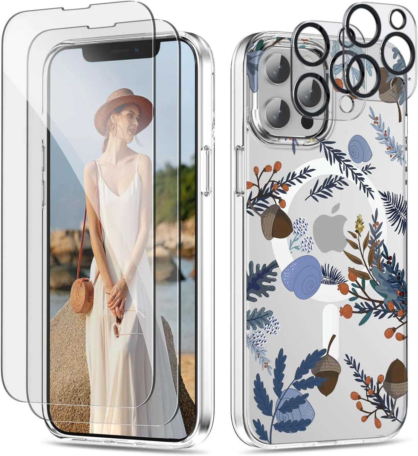 کاور محافظ گوشی آیفون 14 پرو مکس، سازگار با MagSafe، به همراه [2 عدد محافظ صفحه نمایش + 2 عدد محافظ لنز دوربین]، کاور محافظ باریک شفاف طرح گل برای 14 پرو مکس 6.7 اینچ - طرح حلزون