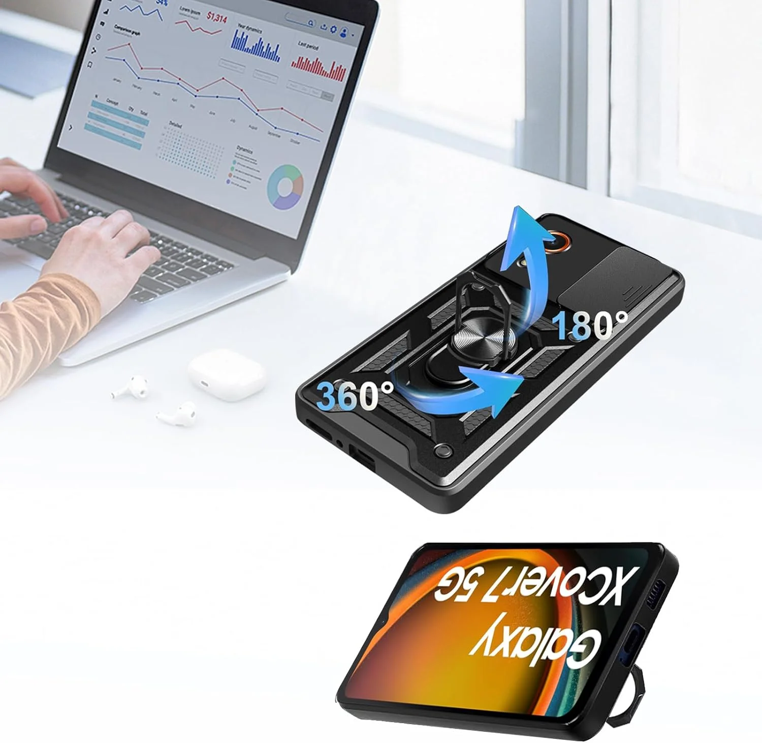 قاب محافظ گوشی سامسونگ گلکسی XCover 7، دارای پایه چرخان 360 درجه، پوشش کشویی دوربین، ضد ضربه، ترکیبی از TPU نرم و PC سخت، مقاوم در برابر خش، پوشش سپر با 2 محافظ صفحه نمایش شیشه ای حرارت دیده، مشکی