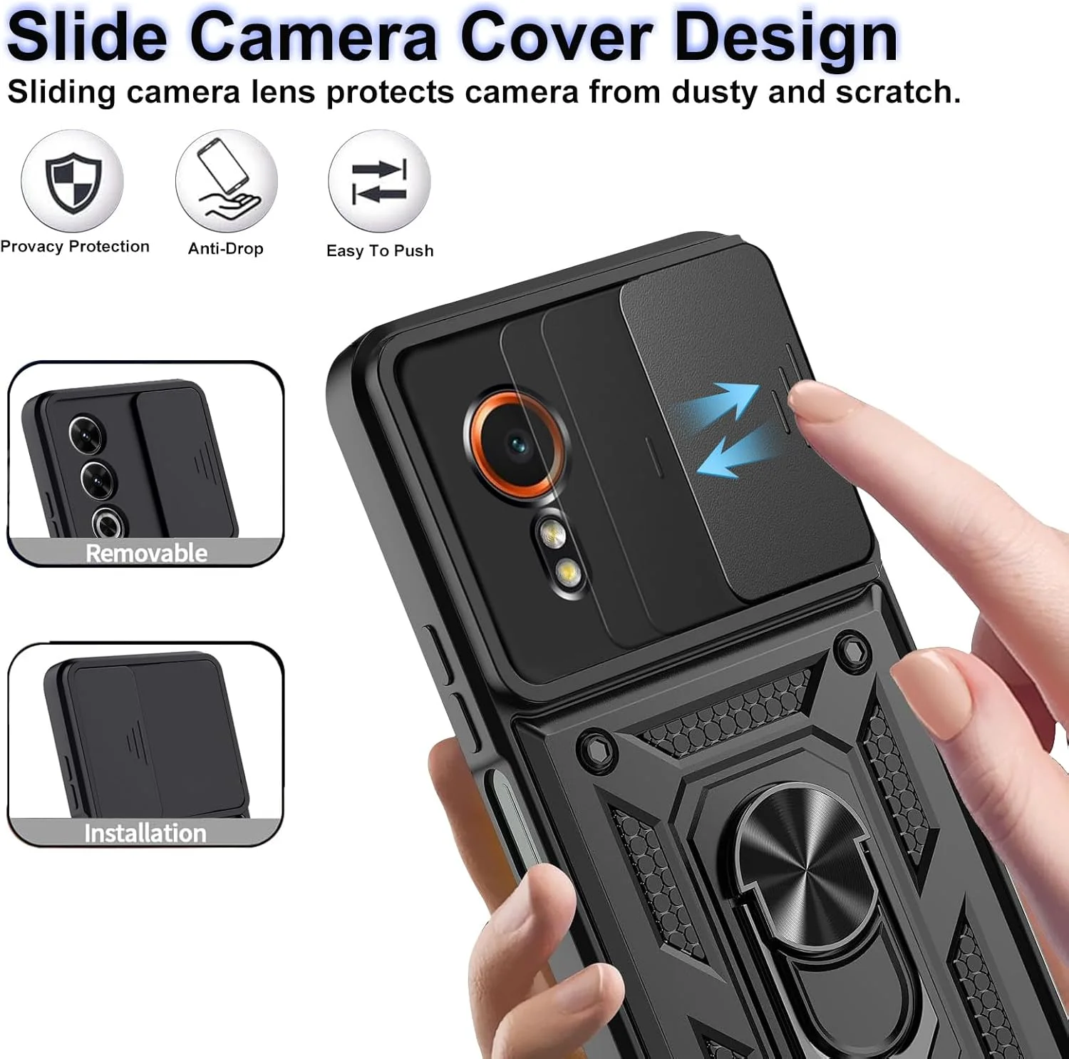 قاب محافظ گوشی سامسونگ گلکسی XCover 7، دارای پایه چرخان 360 درجه، پوشش کشویی دوربین، ضد ضربه، ترکیبی از TPU نرم و PC سخت، مقاوم در برابر خش، پوشش سپر با 2 محافظ صفحه نمایش شیشه ای حرارت دیده، مشکی