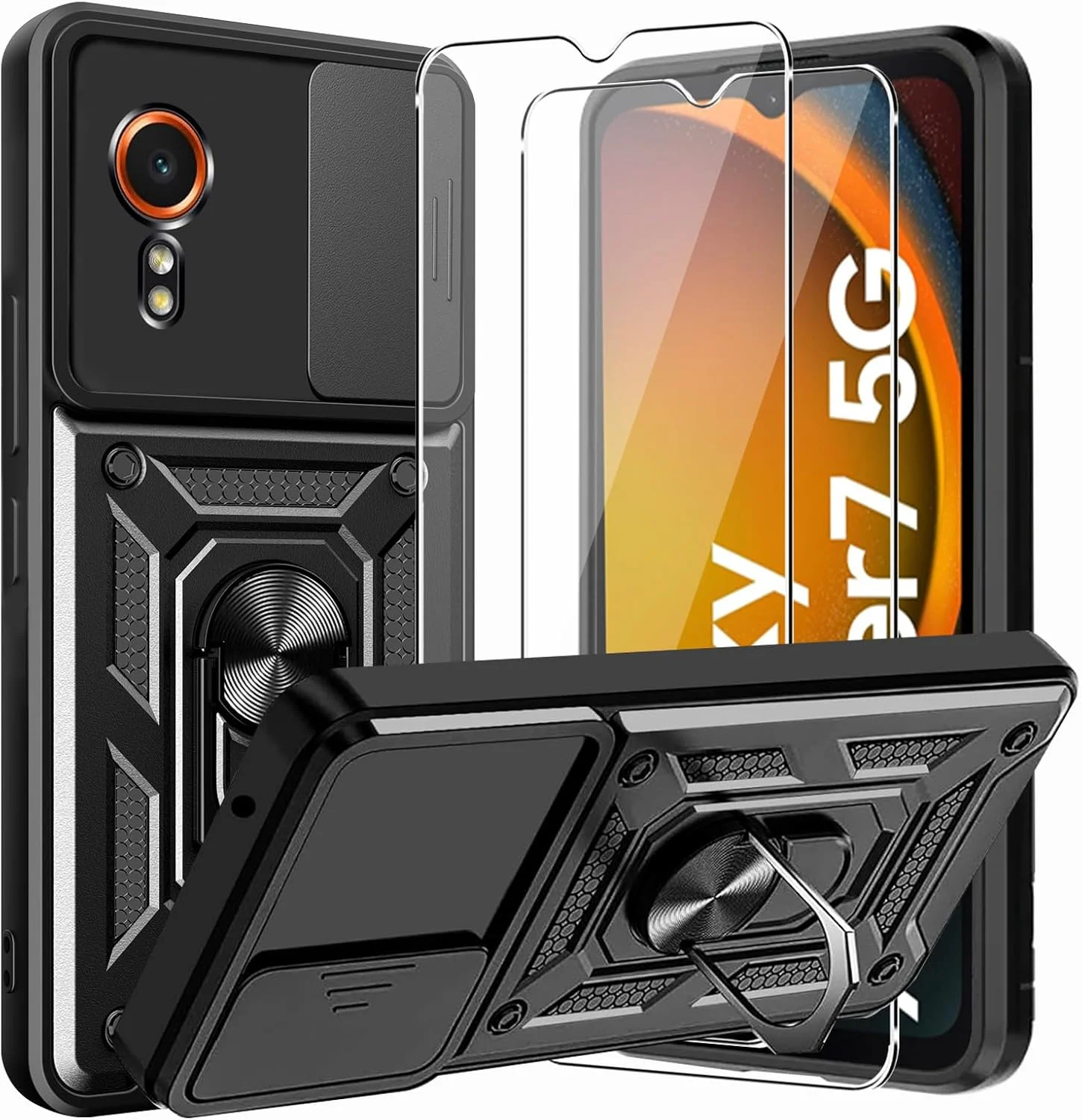 قاب محافظ گوشی سامسونگ گلکسی XCover 7، دارای پایه چرخان 360 درجه، پوشش کشویی دوربین، ضد ضربه، ترکیبی از TPU نرم و PC سخت، مقاوم در برابر خط و خش، همراه با 2 محافظ صفحه نمایش شیشه ای حرارت دیده، مشکی