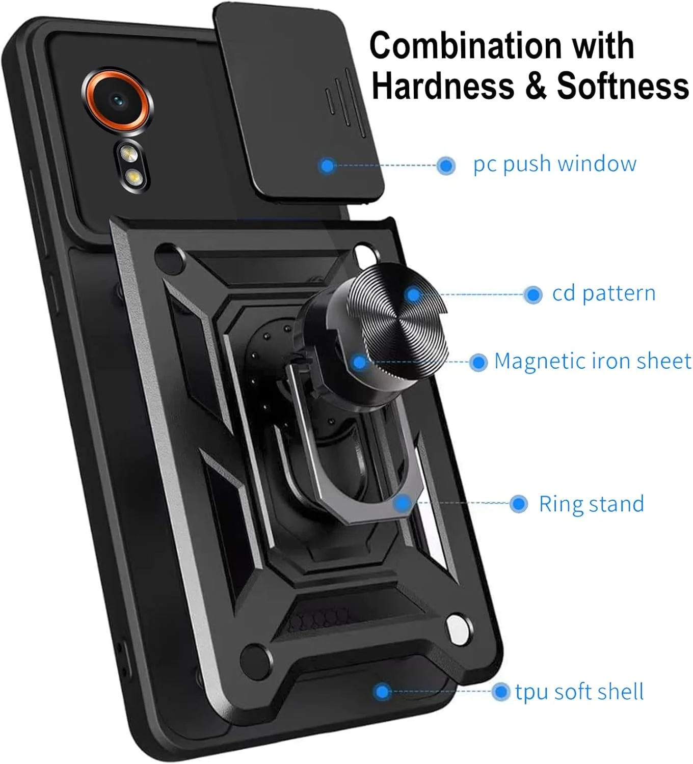 قاب محافظ گوشی سامسونگ گلکسی XCover 7، دارای پایه چرخان 360 درجه، پوشش کشویی دوربین، ضد ضربه، ترکیبی از TPU نرم و PC سخت، مقاوم در برابر خط و خش، همراه با 2 محافظ صفحه نمایش شیشه ای حرارت دیده، مشکی