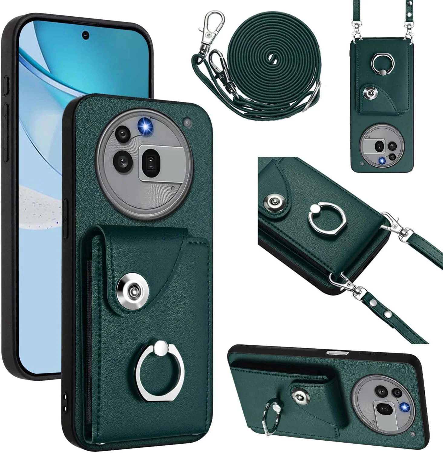 کیف محافظ چرمی تاشو با جای کارت برای تلفن Nothing Phone 3A Pro، حلقه استند 360 درجه، بند گردنی و بند شانه زنانه، سبز مایل به سیاه