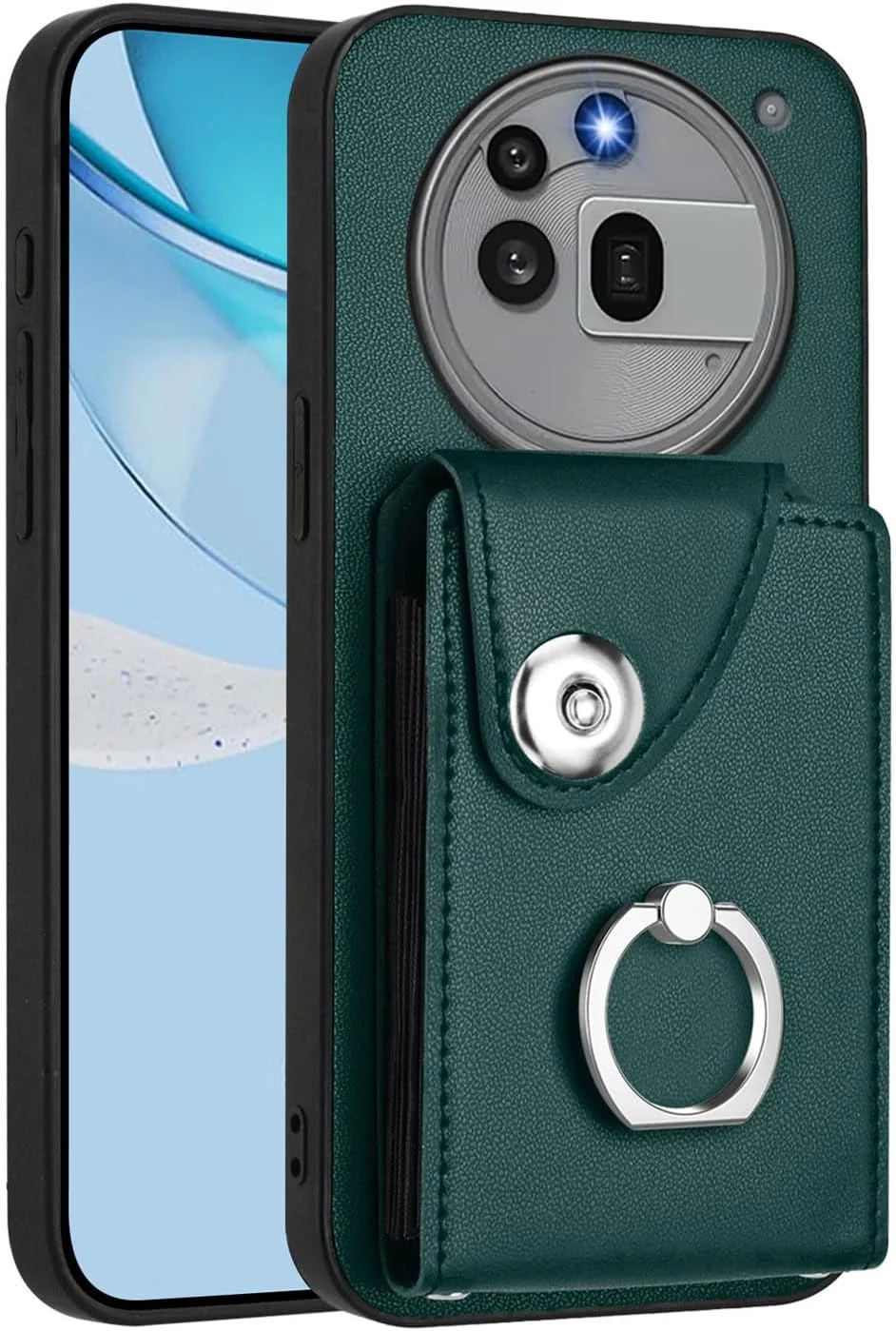 کیف محافظ چرمی تاشو با جای کارت برای تلفن Nothing Phone 3A Pro، حلقه استند 360 درجه، بند گردنی و بند شانه زنانه، سبز مایل به سیاه کیف محافظ چرمی تاشو با جای کارت برای تلفن Nothing Phone 3A Pro، حلقه استند 360 درجه، بند گردنی و بند شانه زنانه، سبز مایل به سیاه