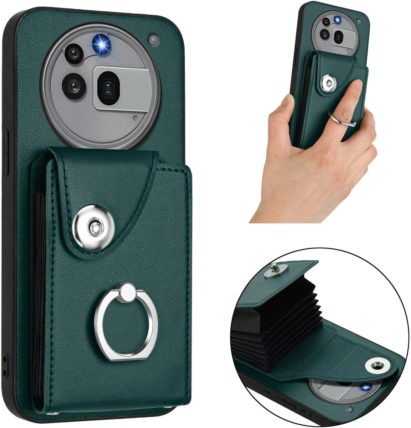 کیف محافظ چرمی تاشو با جای کارت برای تلفن Nothing Phone 3A Pro، حلقه استند 360 درجه، بند گردنی و بند شانه زنانه، سبز مایل به سیاه کیف محافظ چرمی تاشو با جای کارت برای تلفن Nothing Phone 3A Pro، حلقه استند 360 درجه، بند گردنی و بند شانه زنانه، سبز مایل به سیاه