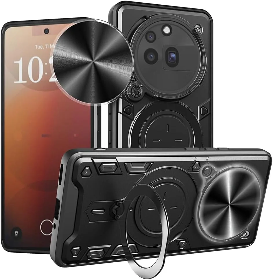 کاور محافظ گوشی ناتینگ فون (3a) پرو برند SEAHAI، استایل جذاب PC + TPU سیلیکونی ضد ضربه با استند مغناطیسی فلزی چرخشی و محافظ دوربین - مشکی