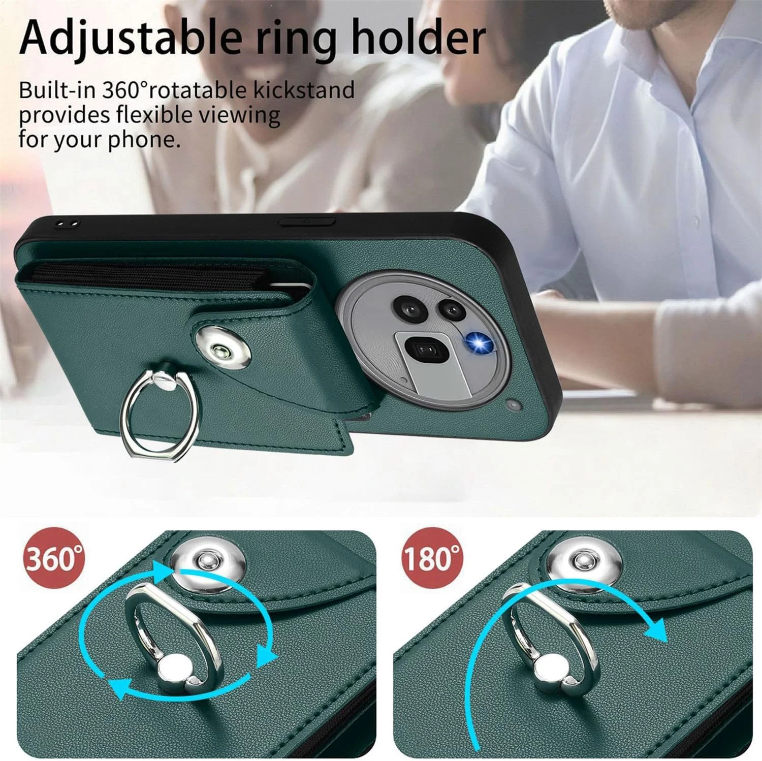 کیف محافظ چرمی تاشو با جای کارت برای تلفن Nothing Phone 3A Pro، حلقه استند 360 درجه، بند گردنی و بند شانه زنانه، سبز مایل به سیاه کیف محافظ چرمی تاشو با جای کارت برای تلفن Nothing Phone 3A Pro، حلقه استند 360 درجه، بند گردنی و بند شانه زنانه، سبز مایل به سیاه